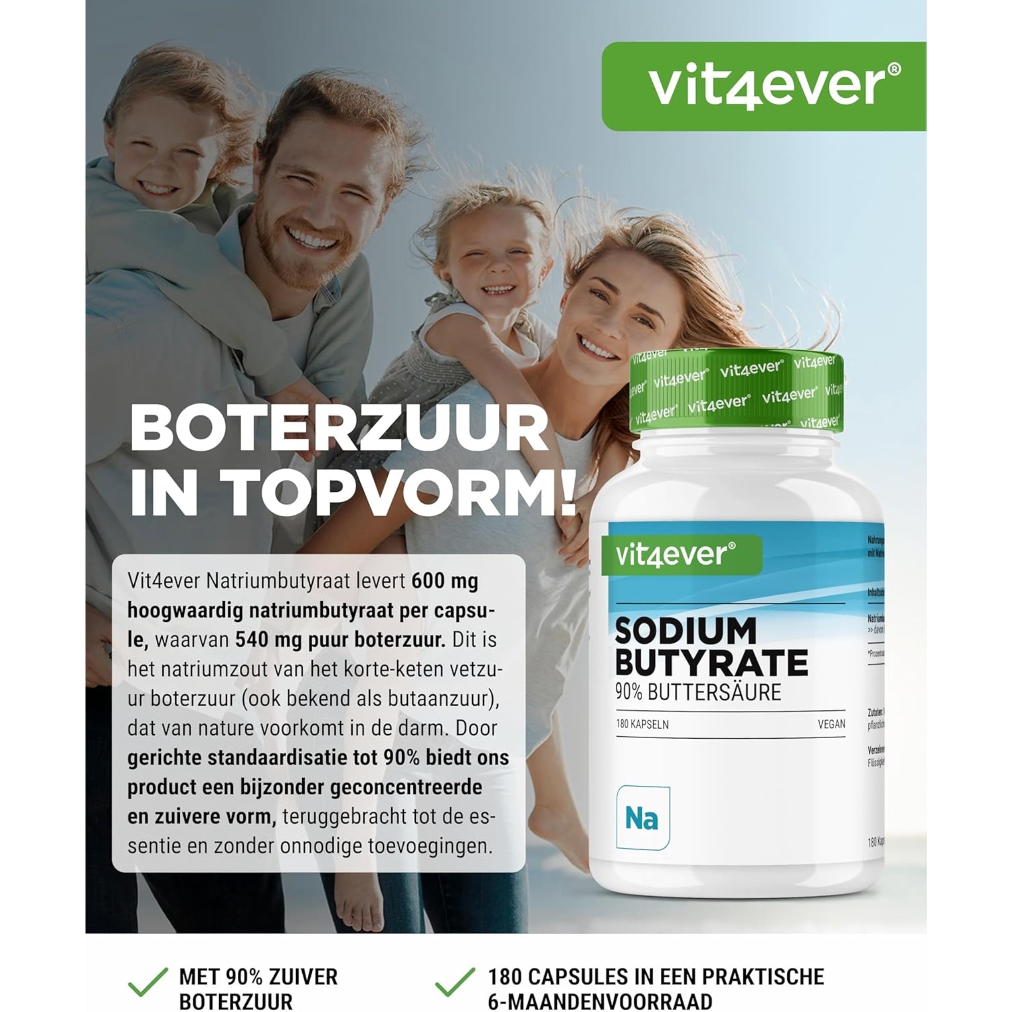 Natriumbutyraat (Butaanzuur) 90% | 180 capsules | Vit4ever