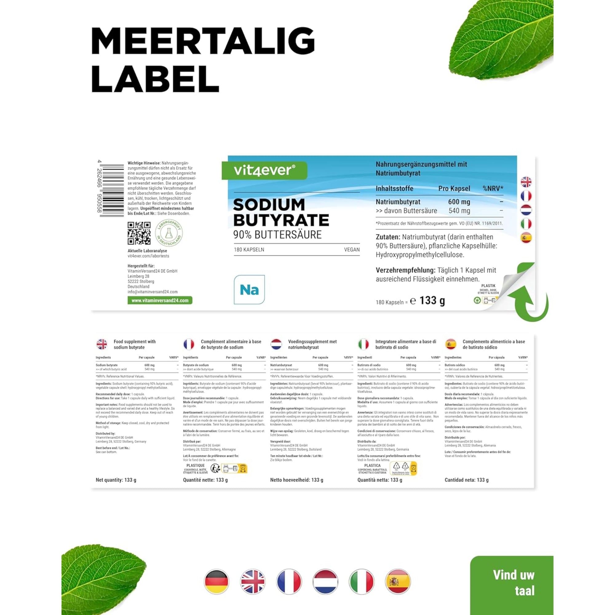 Natriumbutyraat (Butaanzuur) 90% | 180 capsules | Vit4ever