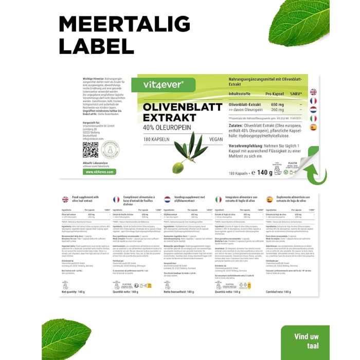 Olijfbladextract (40% Oleuropeïne) 650mg | 180 capsules | Vit4ever