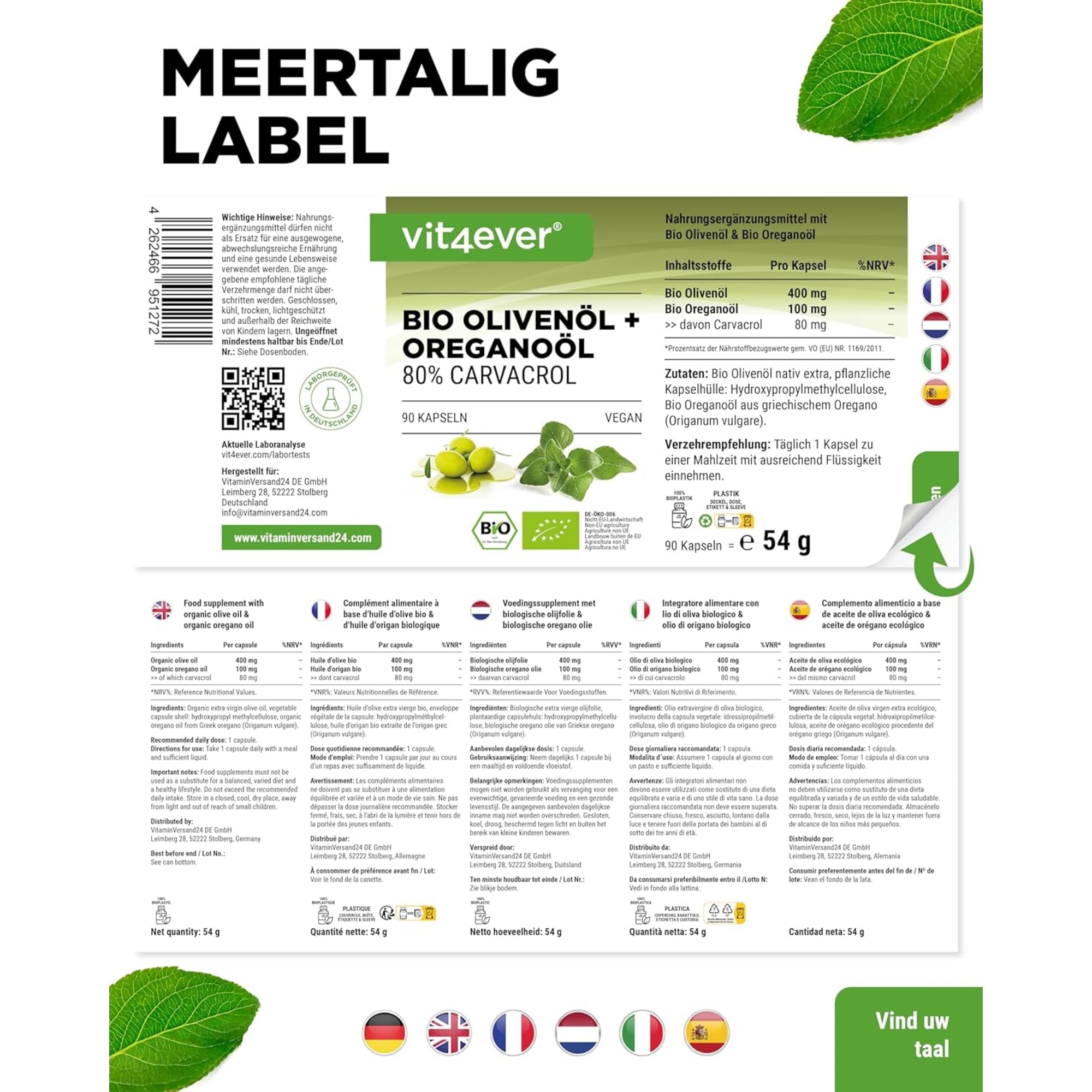 Bio Olijfolie + Oregano-olie (Carvacrol 80mg) | 90 capsules | Vit4ever