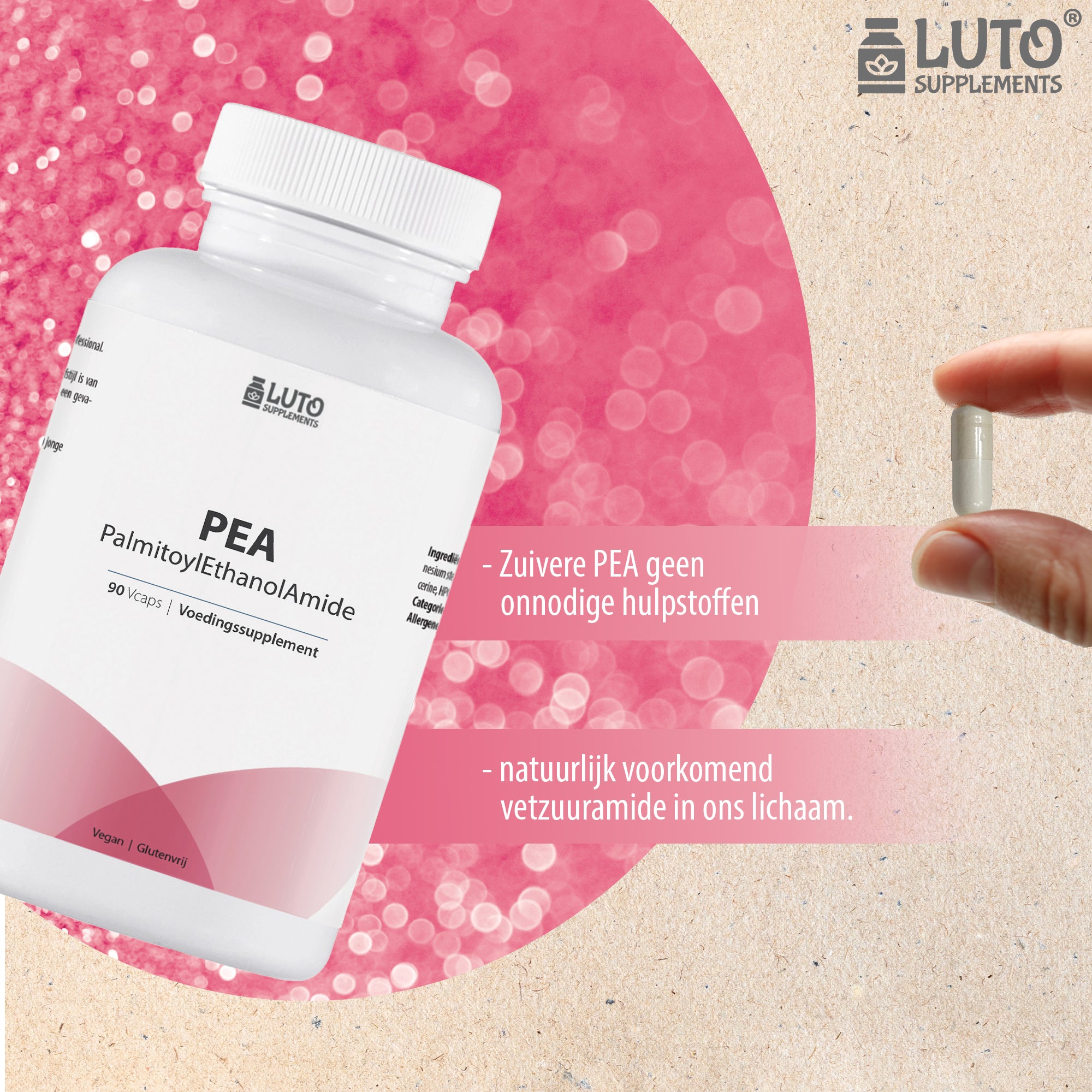 Zuivere PEA - Palmitoylethanolamide - 1200mg - 90 Vegetarische capsules - Hoge kwaliteit - LUTO Supplements