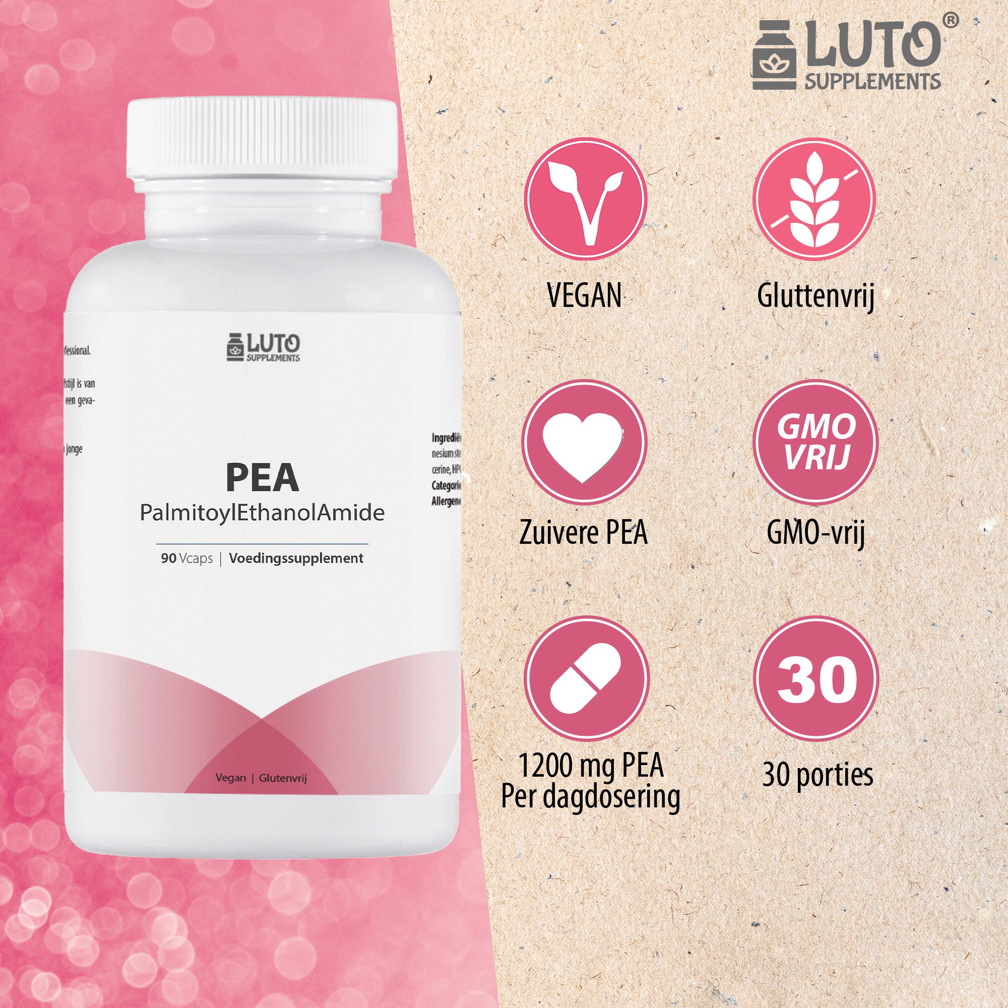 Zuivere PEA - Palmitoylethanolamide - 1200mg - 90 Vegetarische capsules - Hoge kwaliteit - LUTO Supplements