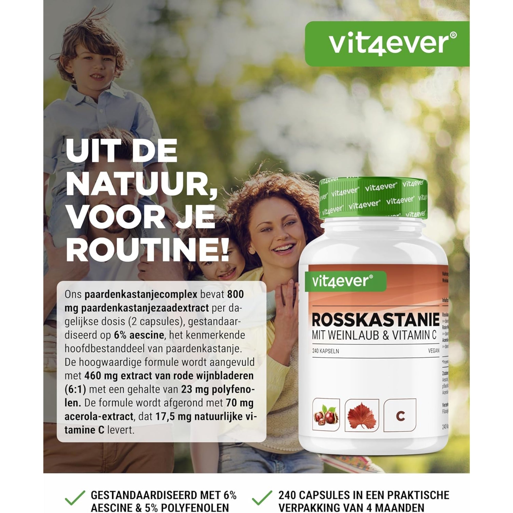 Paardenkastanje & Rood Wingerd met Vitamine C | 240 capsules | vit4ever