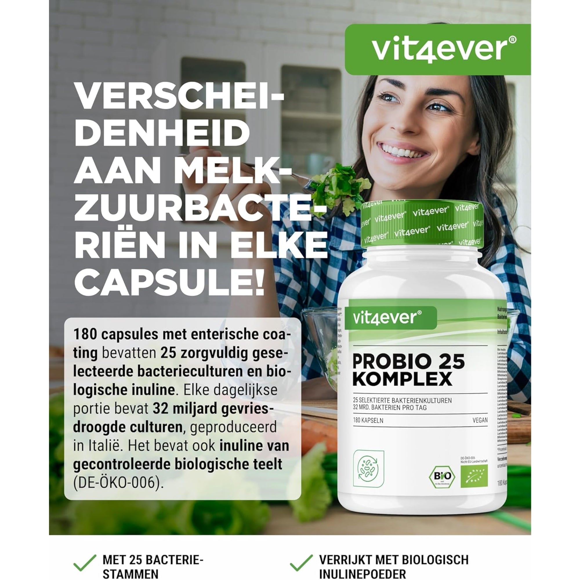 Probiotica Complex (Probio 25) met 25 Bacteriestammen + Bio Inuline 27 miljard KVE | 180 capsules | Vit4ever