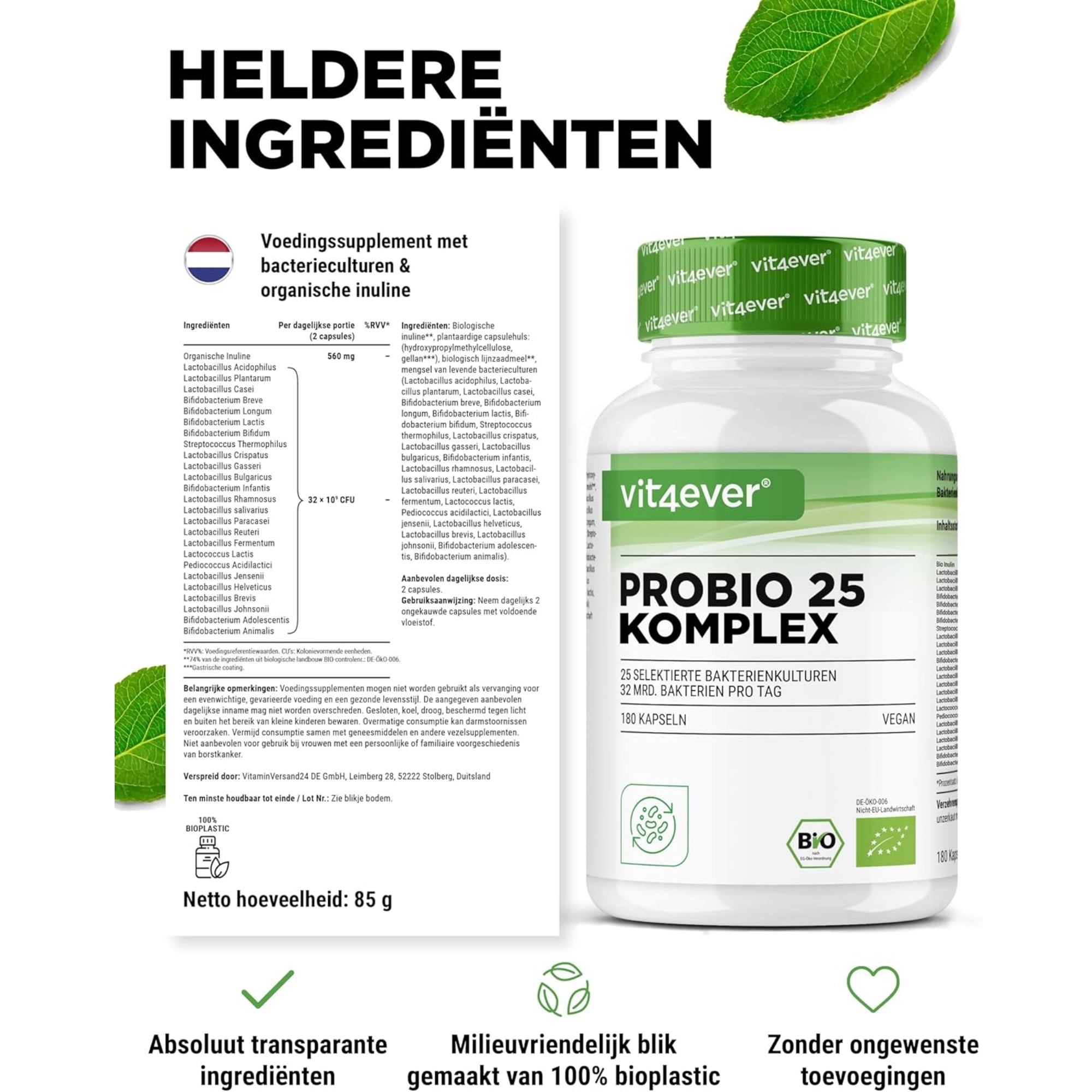 Probiotica Complex (Probio 25) met 25 Bacteriestammen + Bio Inuline 27 miljard KVE | 180 capsules | Vit4ever