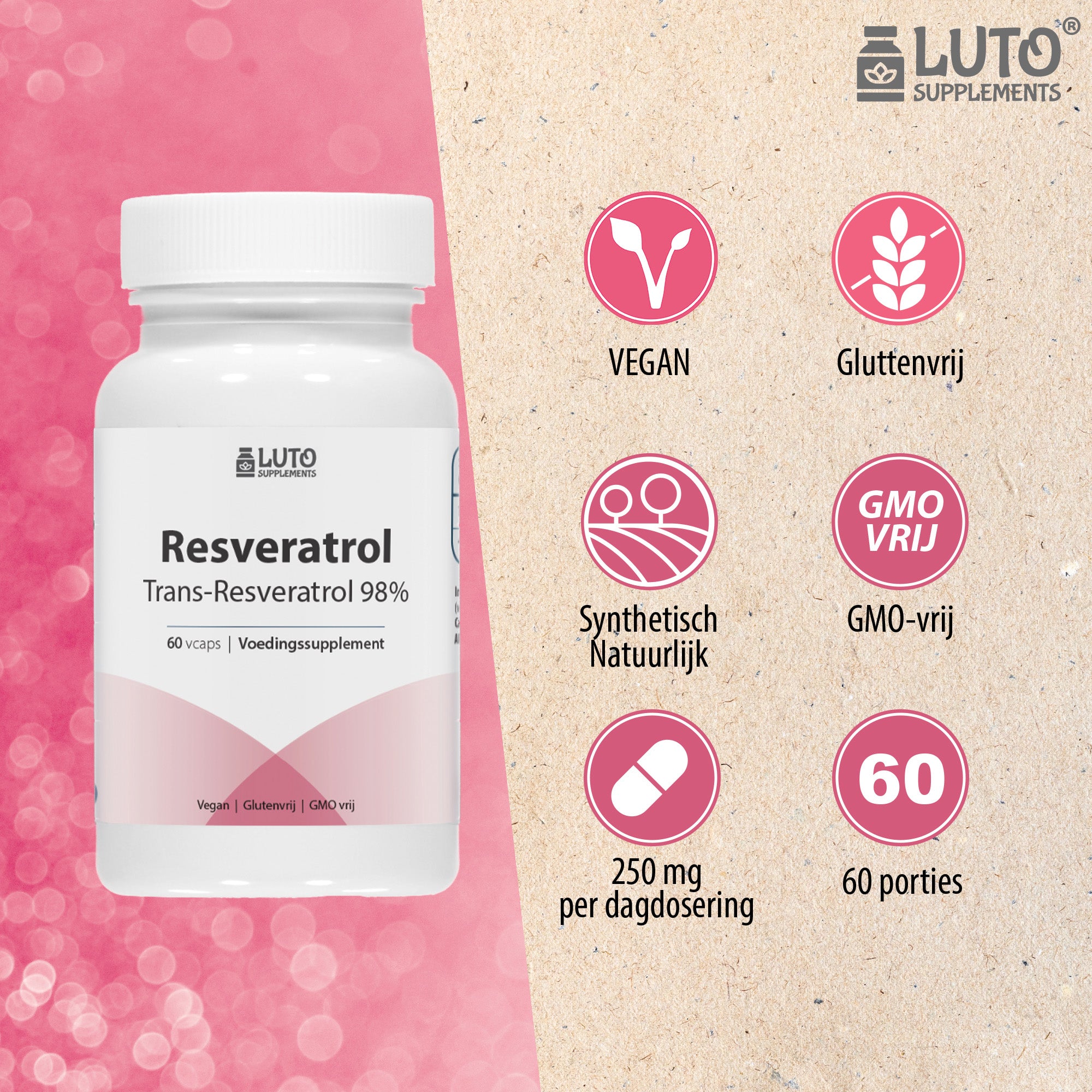 Resveratrol | 250mg | 98% Trans-Resveratrol van Japans duizendknoop-extract | 60 Vcaps | Hoge dosis | Veganistisch | Luto Supplements