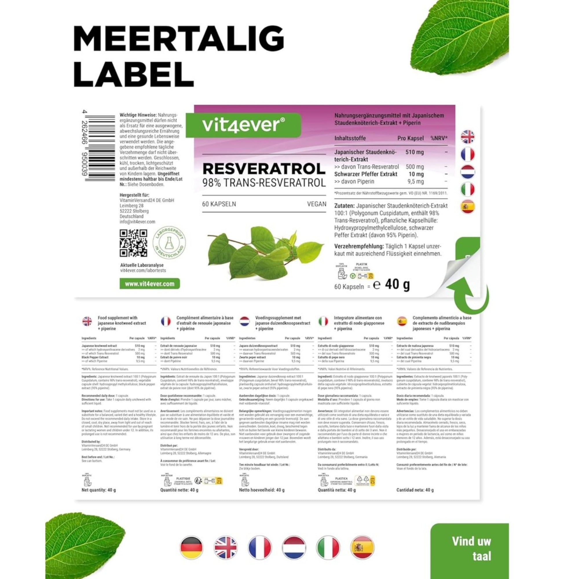 Resveratrol Intenso (98% trans-resveratrol) 500mg | 60 capsules | Vit4ever