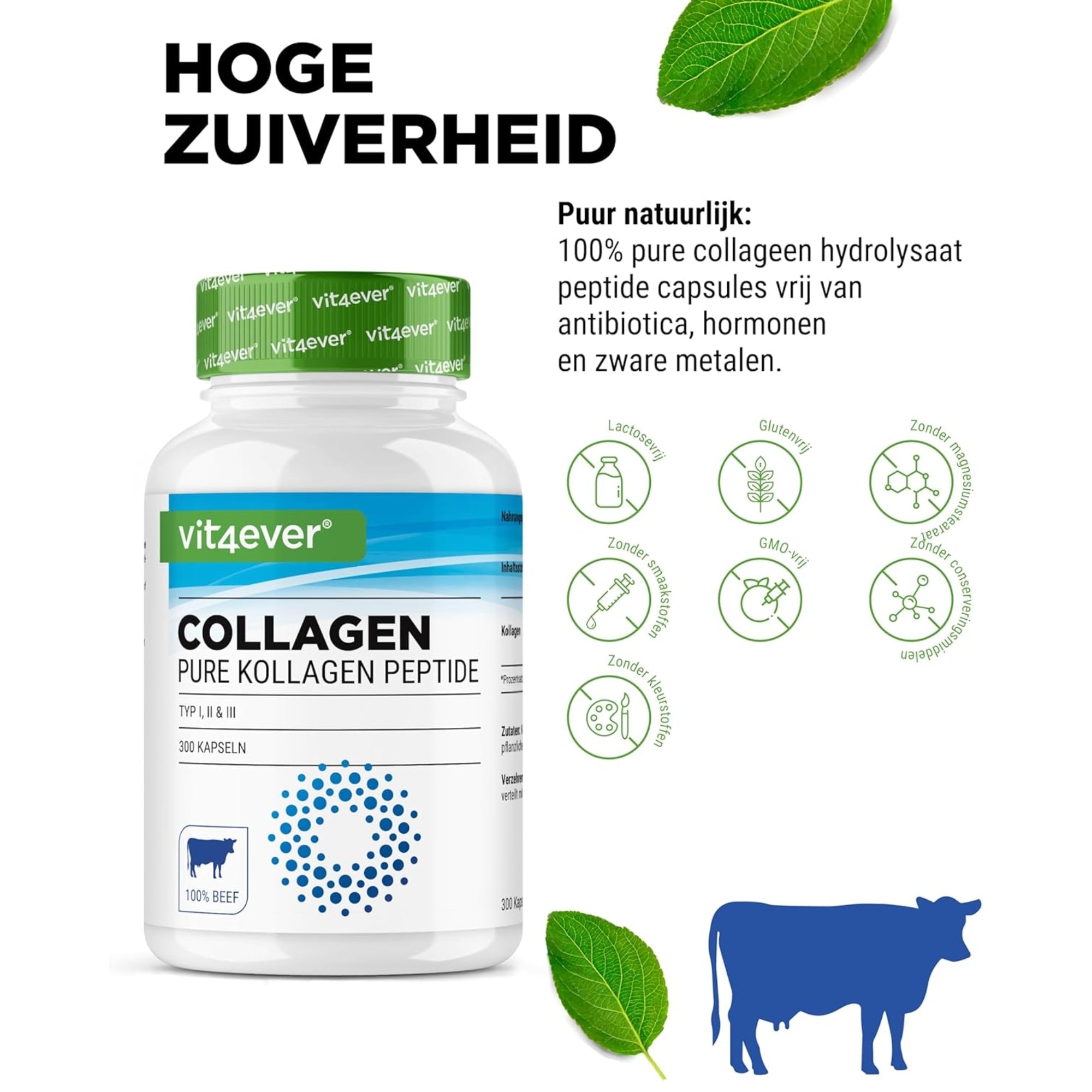 Runder collageen 4500 mg | 300 capsules | Type 1, 2 & 3 | Vit4ever