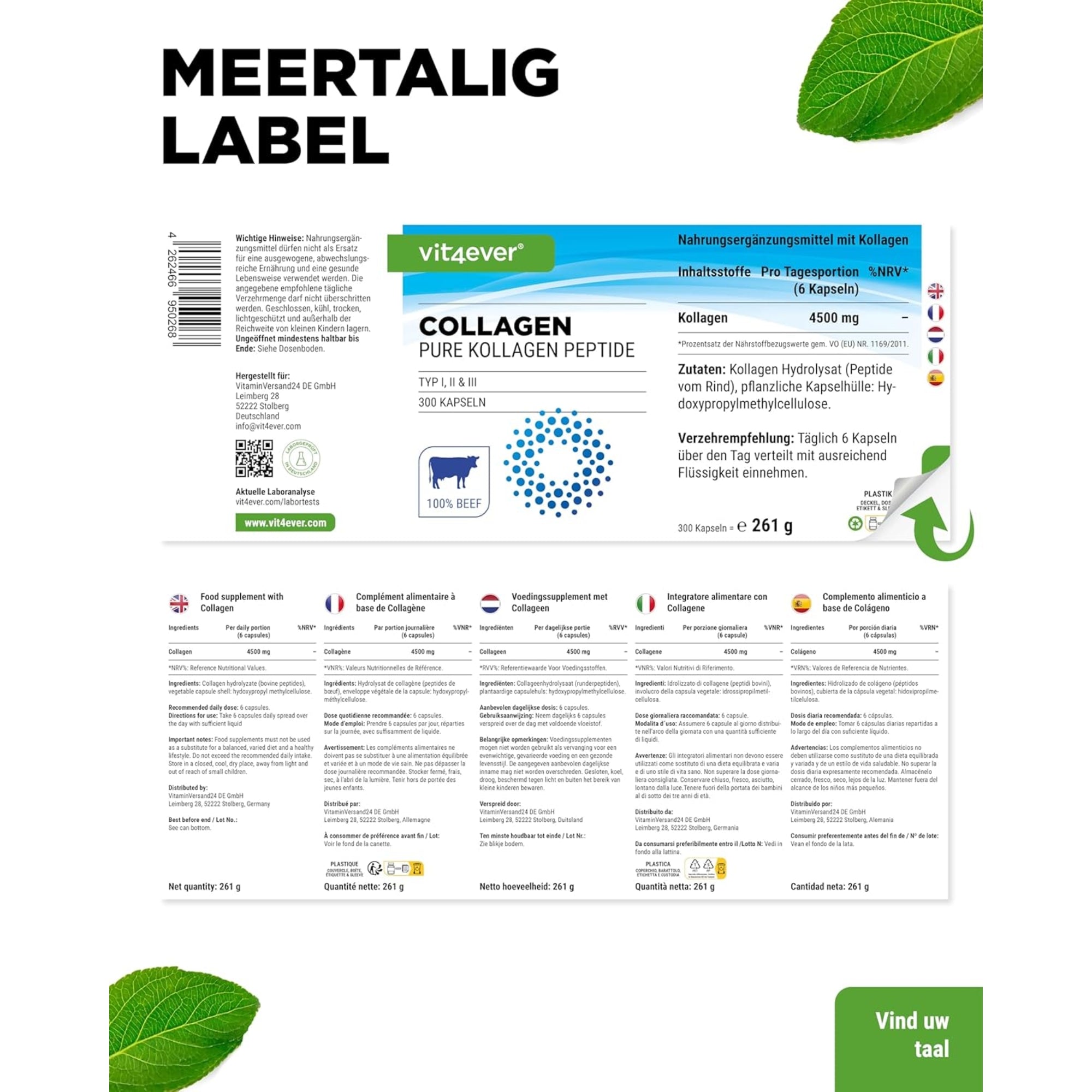 Runder collageen 4500 mg | 300 capsules | Type 1, 2 & 3 | Vit4ever