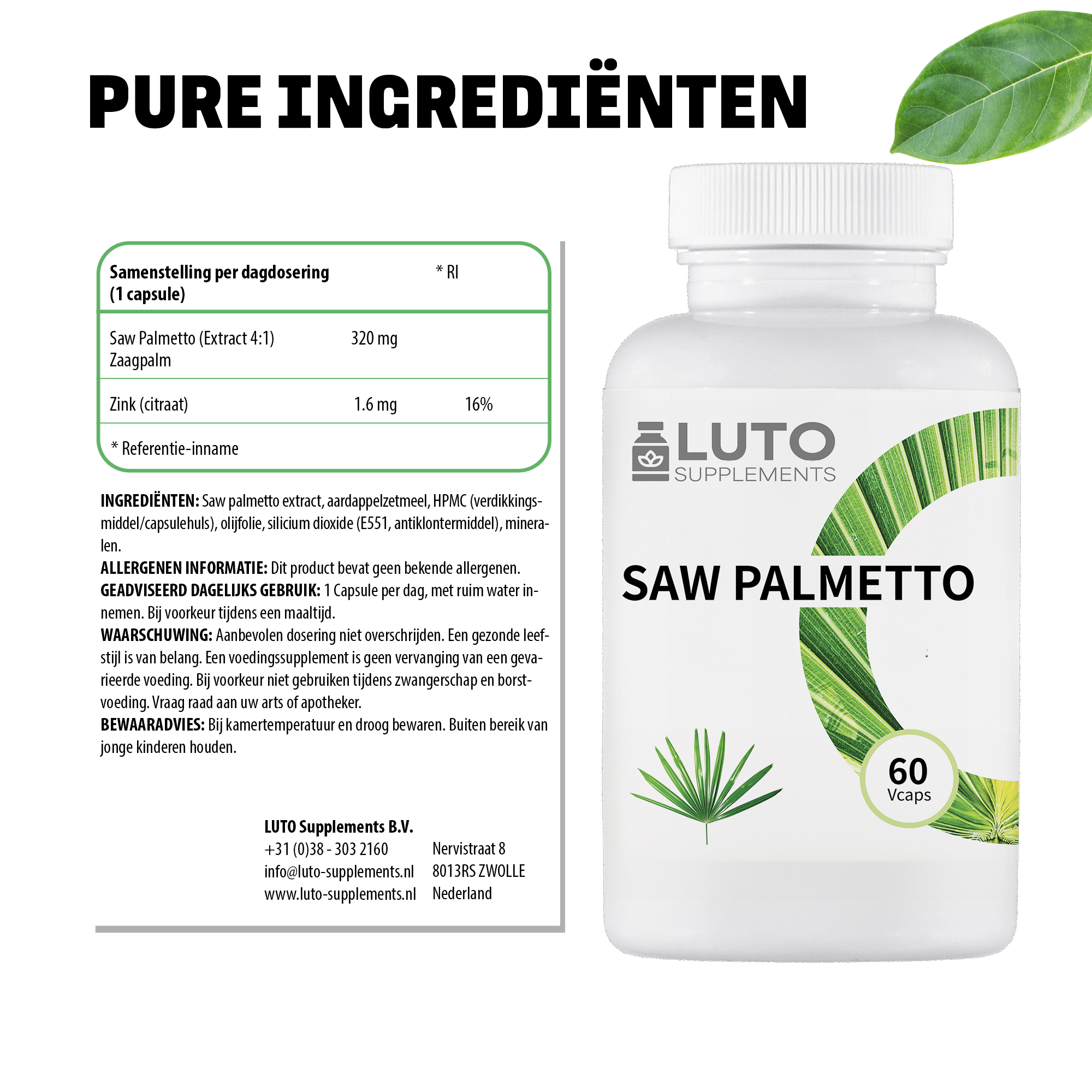 Saw Palmetto (Zaagpalm) + Zink | 60 plantaardige capsules | LUTO Supplements