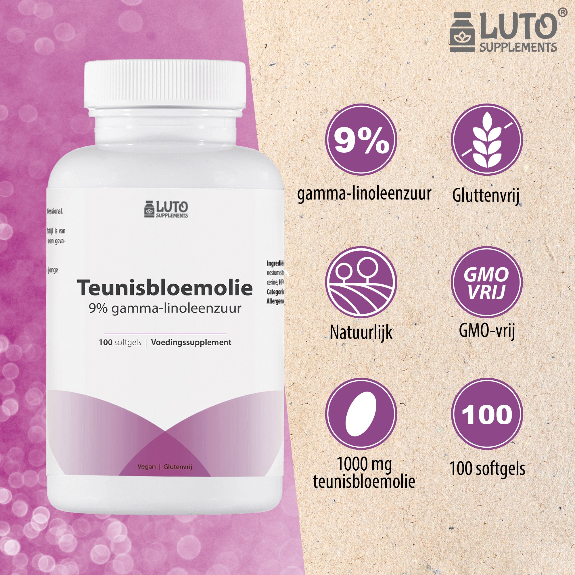 Teunisbloemolie | 1000mg | Premium: 9% gamma-linoleenzuur GLA | 100 softgels | Ondersteunt een normale menstruatie* | Luto Supplements