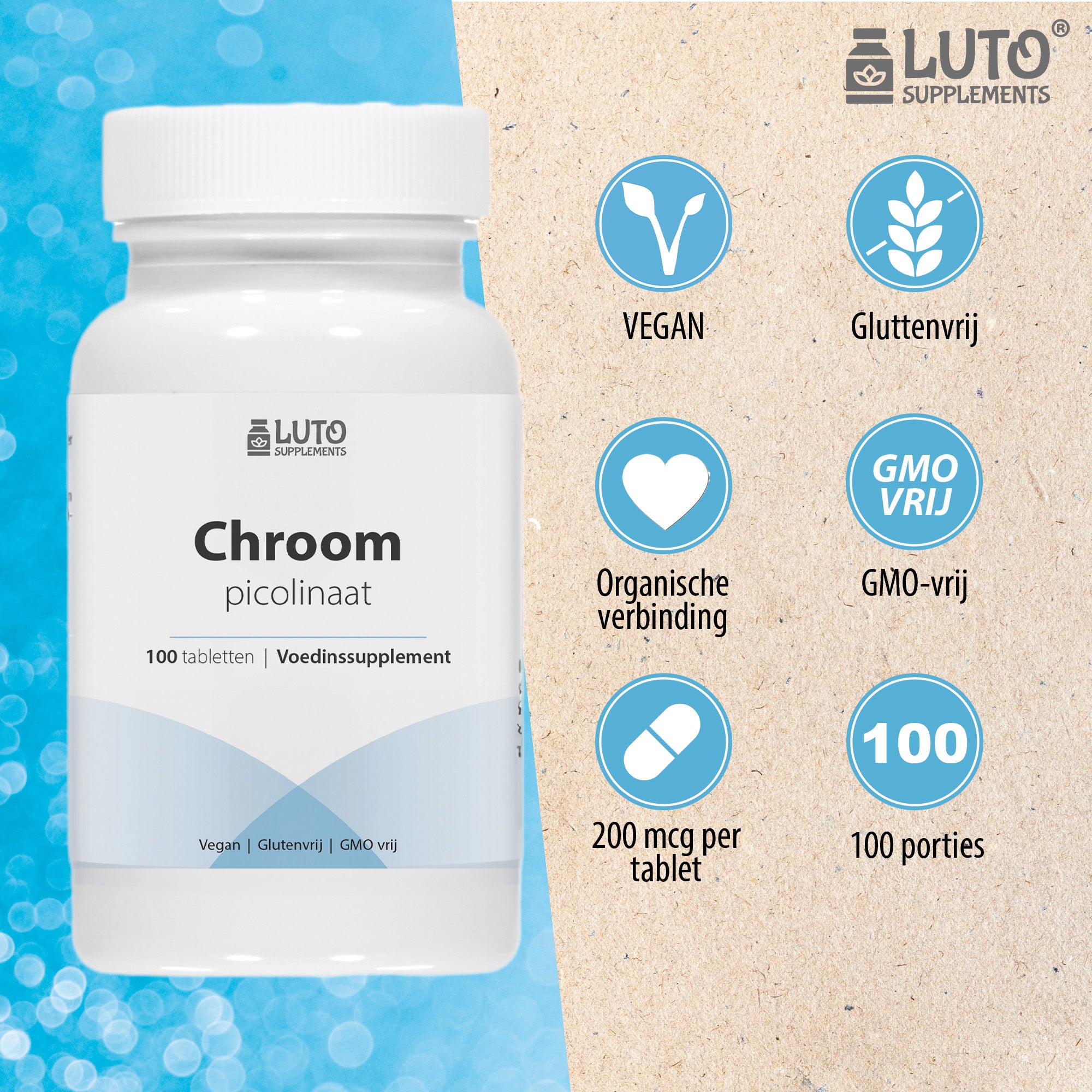 Chroom / Chromium Picolinaat | 200mg | 100 Tabletten | Organische verbinding | Ondersteunt het bloedsuikergehalte normaal te houden | Vegan | LUTO Supplements