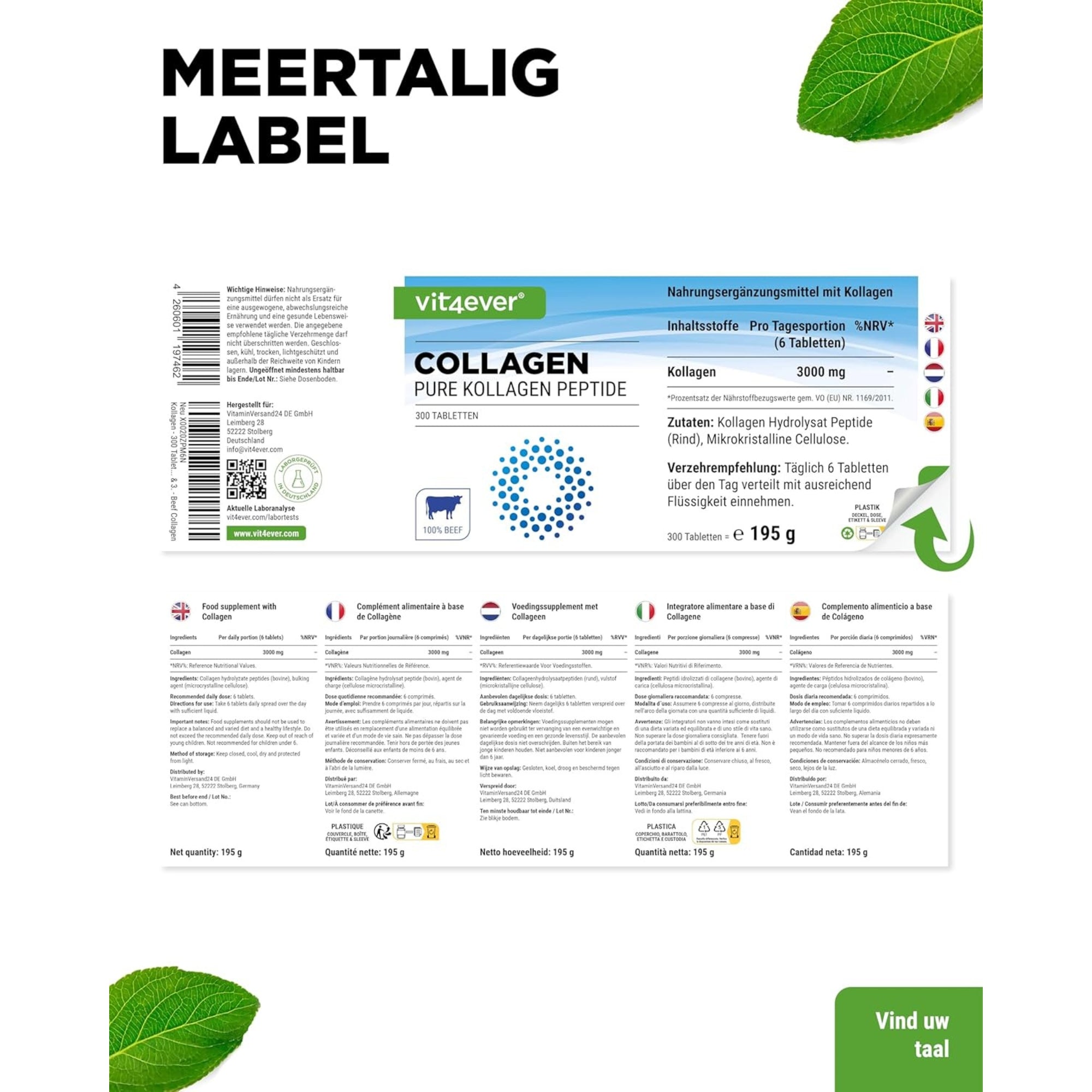 Runder collageen 3000 mg | 300 tabletten | Type 1, 2 & 3 | Vit4ever