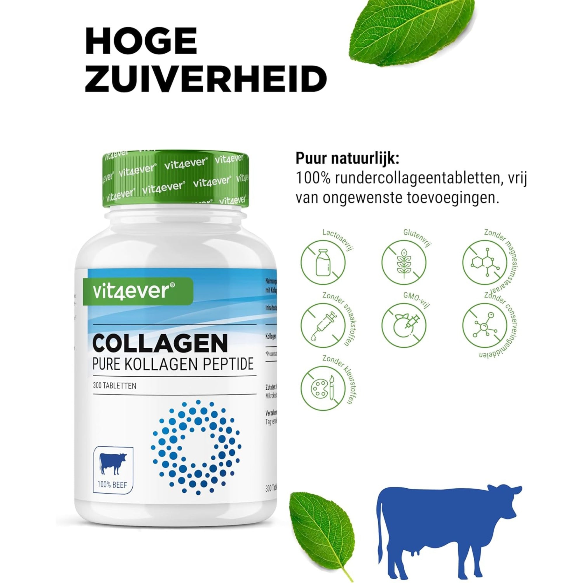 Runder collageen 3000 mg | 300 tabletten | Type 1, 2 & 3 | Vit4ever