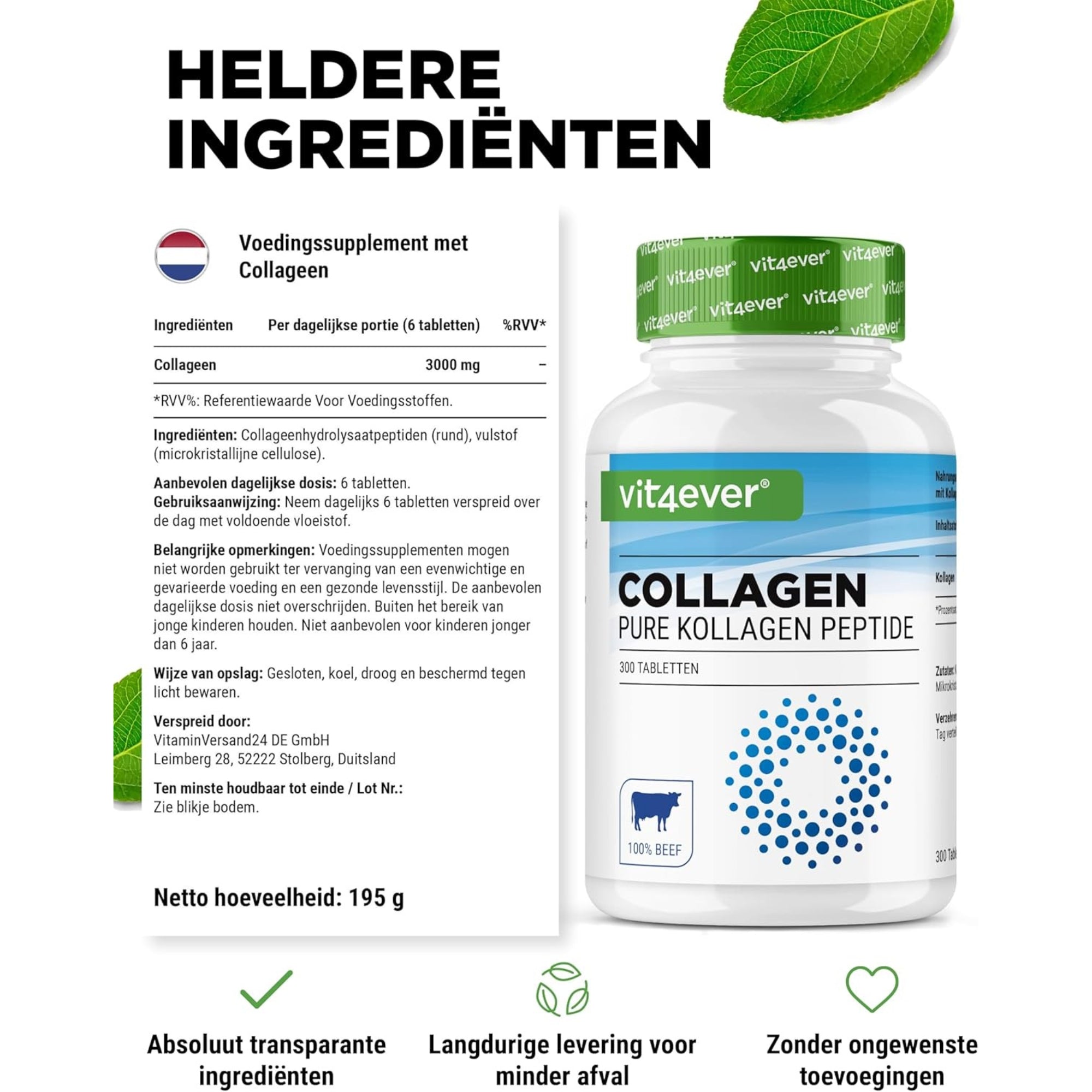 Runder collageen 3000 mg | 300 tabletten | Type 1, 2 & 3 | Vit4ever