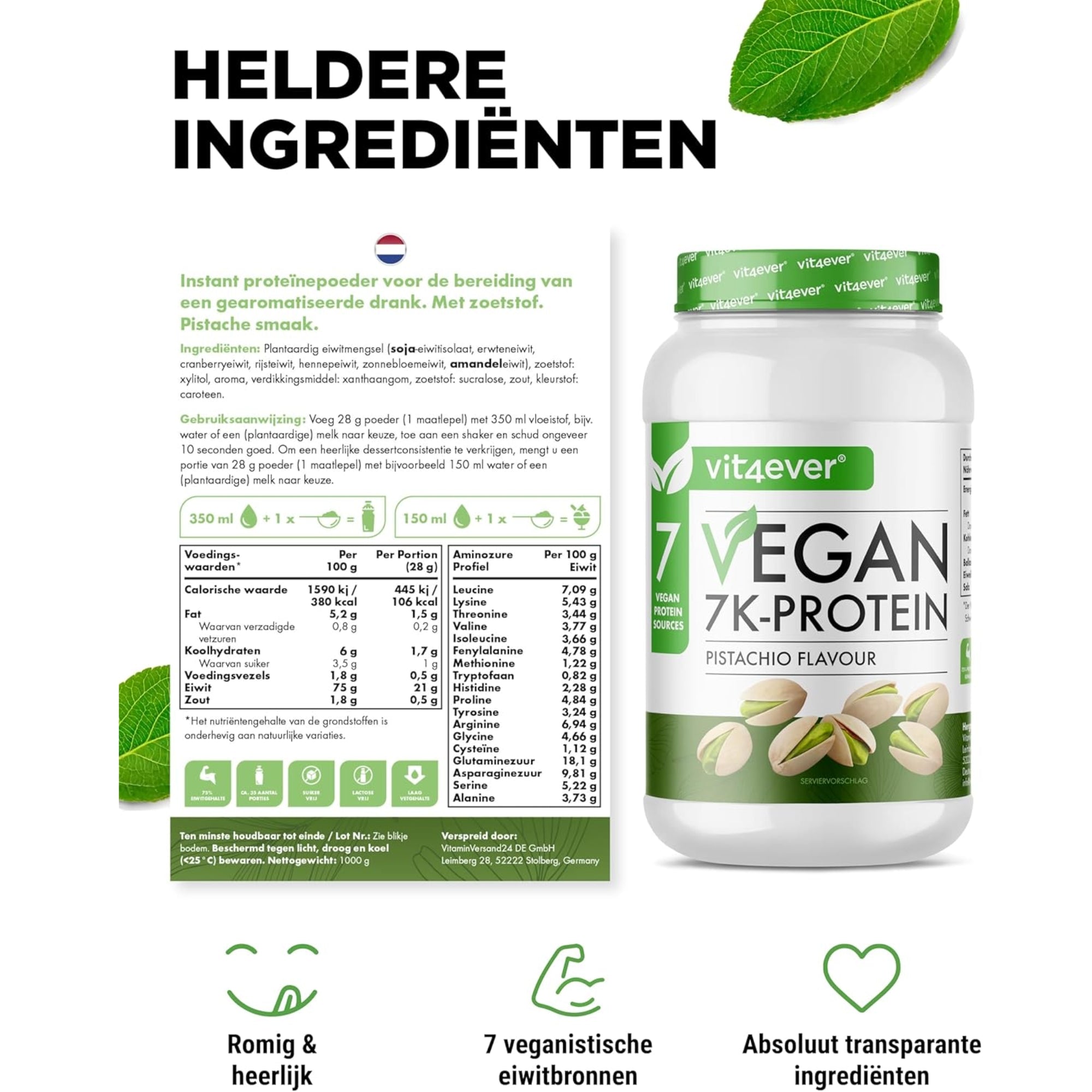 VEGAN PROTEÏNE POEDER 7K | 8 verschillende smaken | 1KG | 7 VEGANISTISCHE EIWITBRONNEN | VIT4EVER