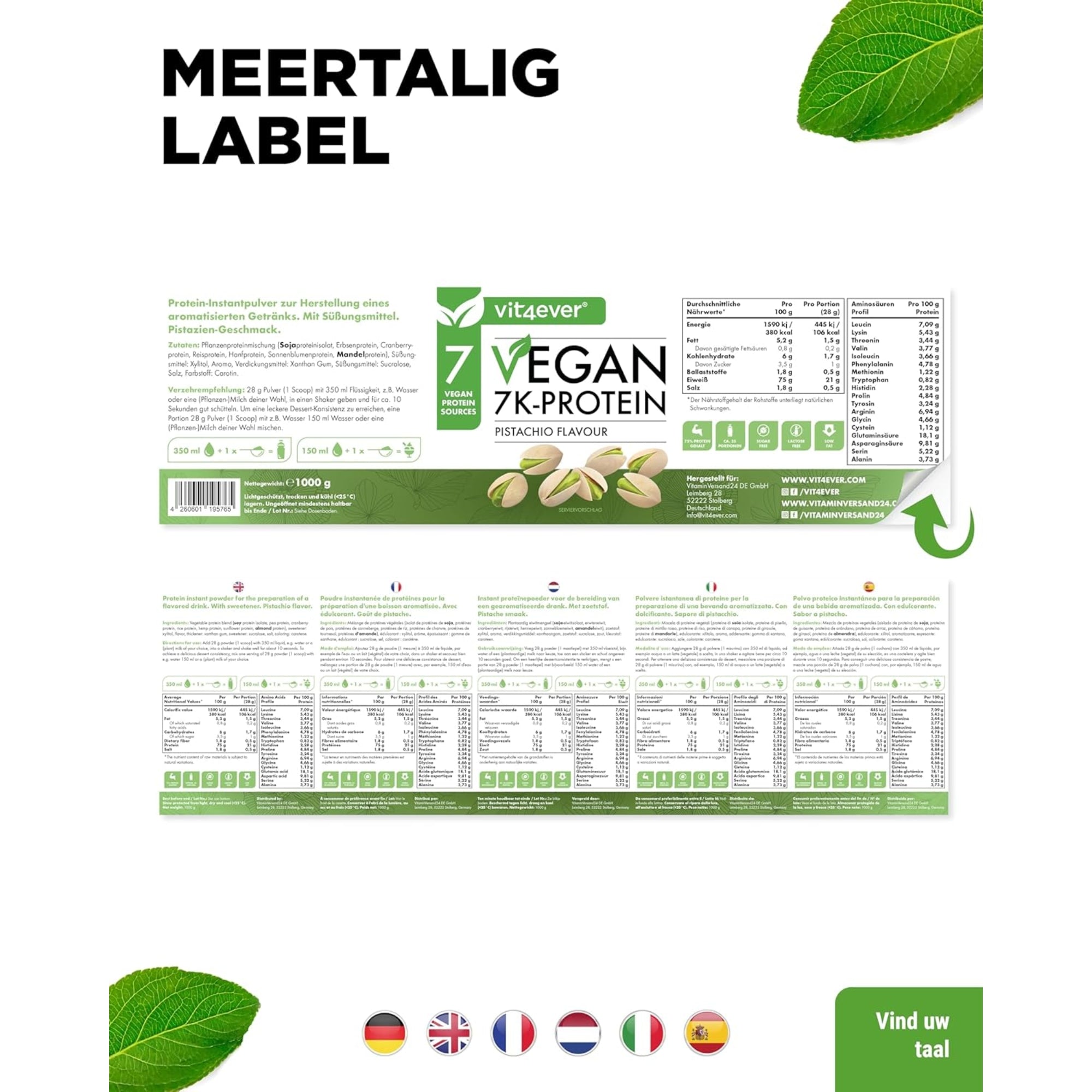 VEGAN PROTEÏNE POEDER 7K | 8 verschillende smaken | 1KG | 7 VEGANISTISCHE EIWITBRONNEN | VIT4EVER