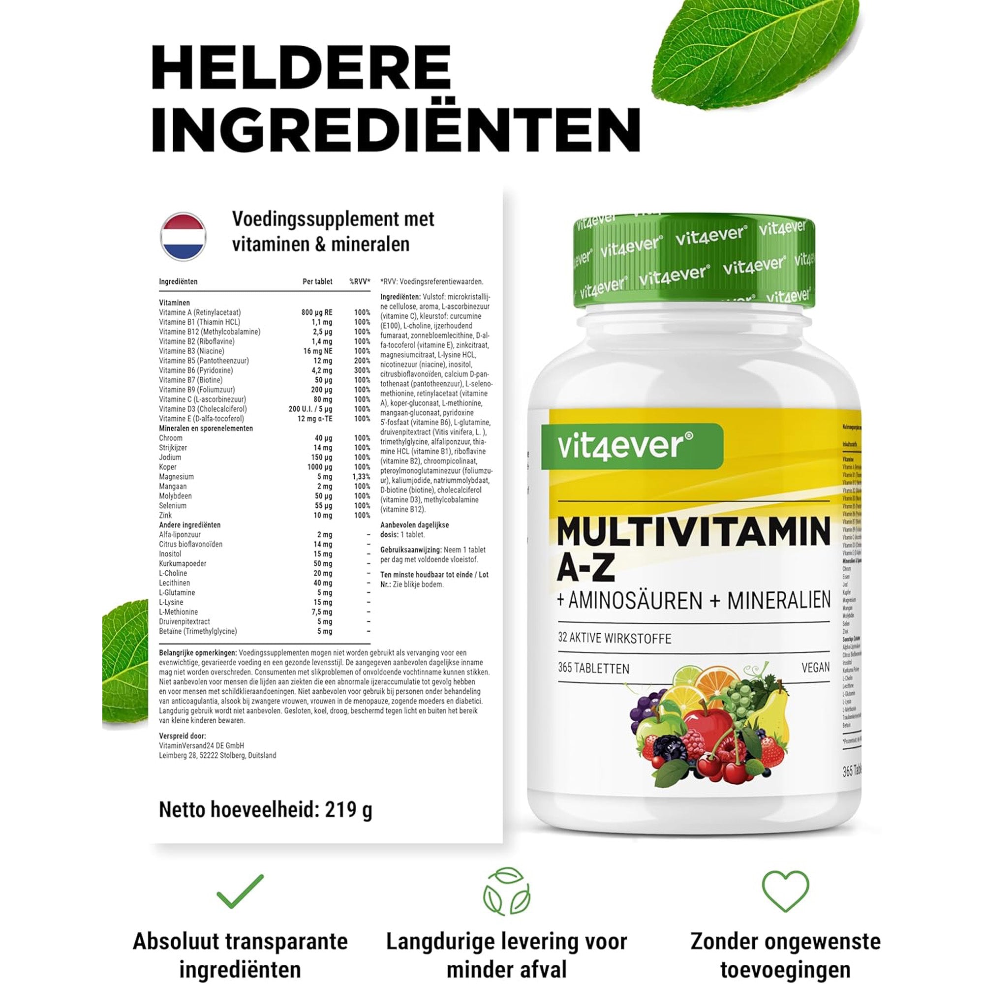 Multivitamine A-Z + Aminozuren + Mineralen | 365 Tabletten | Vit4ever