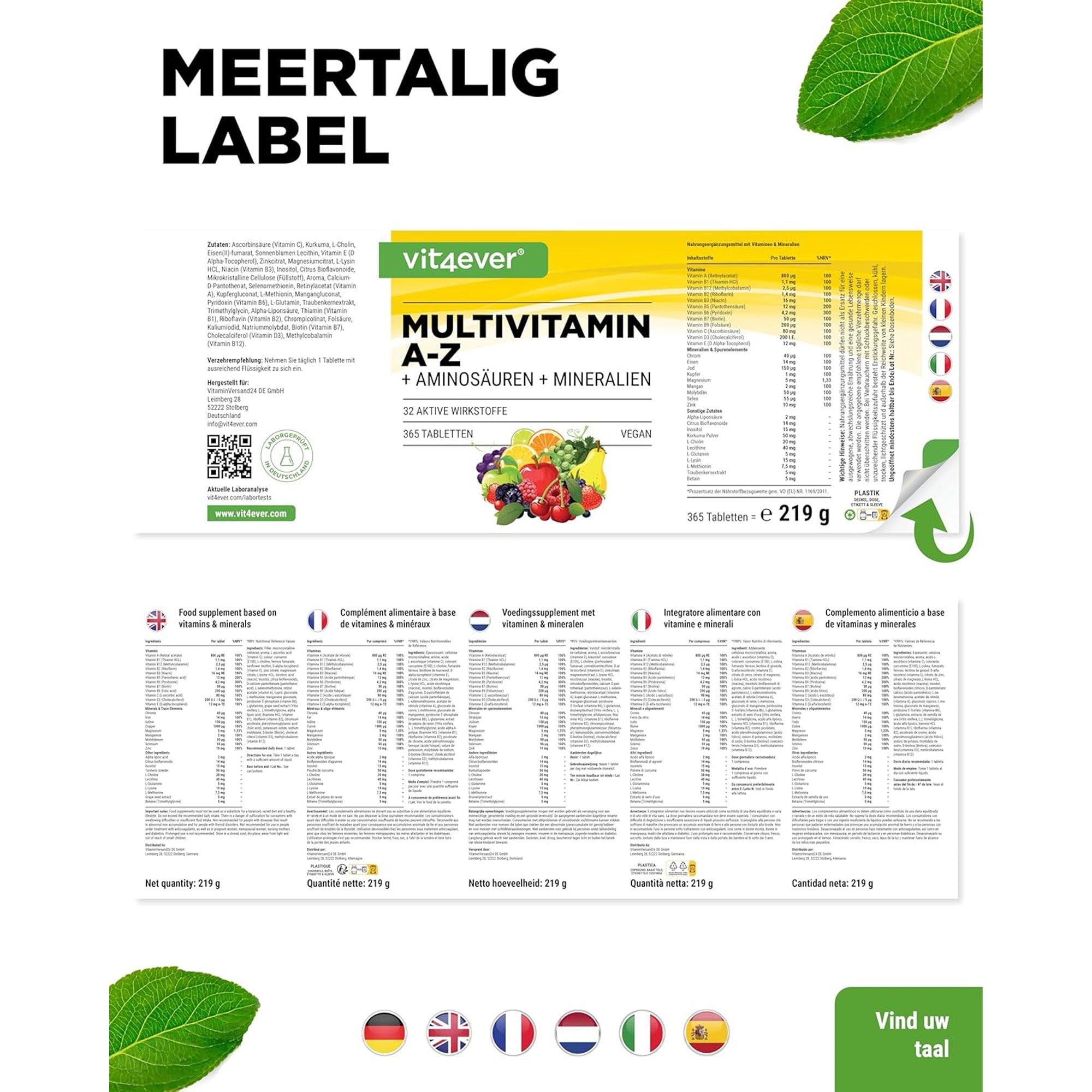 Multivitamine A-Z + Aminozuren + Mineralen | 365 Tabletten | Vit4ever