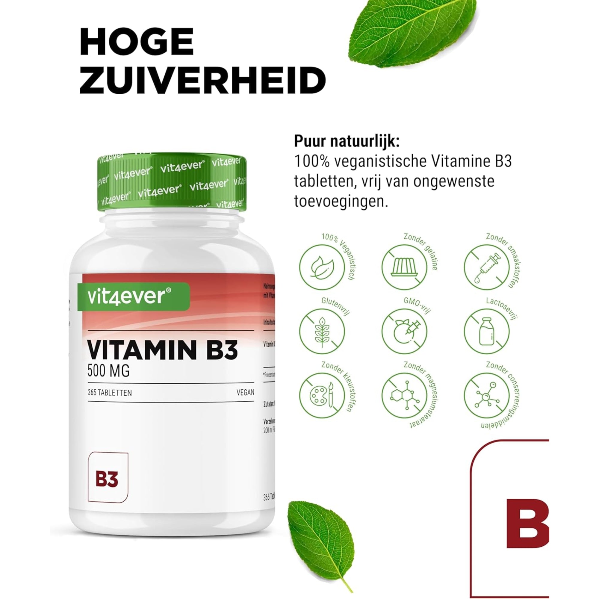 Vitamine B3 (Niacinamide) 500 mg | 365 tabletten | Vit4ever