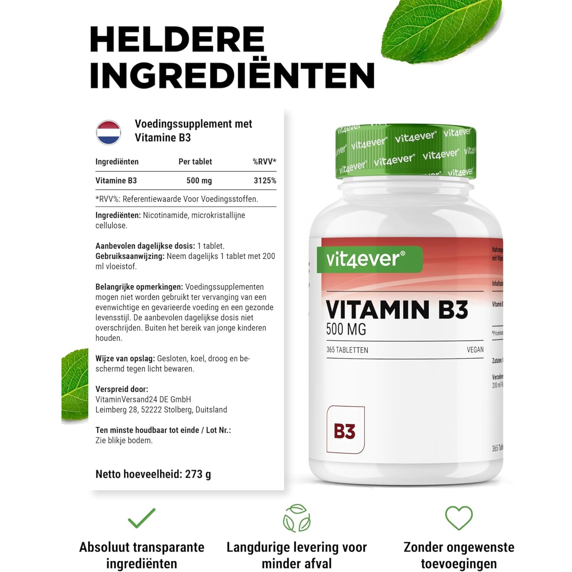 Vitamine B3 (Niacinamide) 500 mg | 365 tabletten | Vit4ever