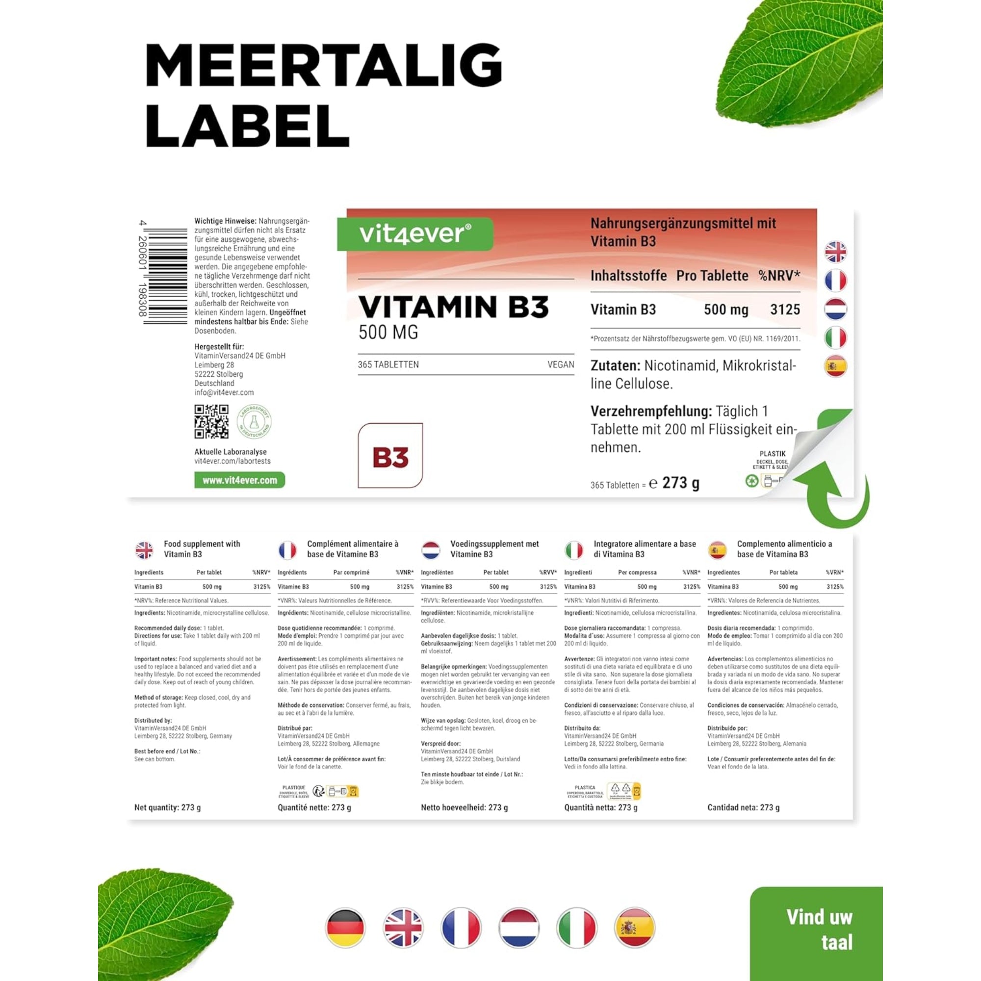 Vitamine B3 (Niacinamide) 500 mg | 365 tabletten | Vit4ever