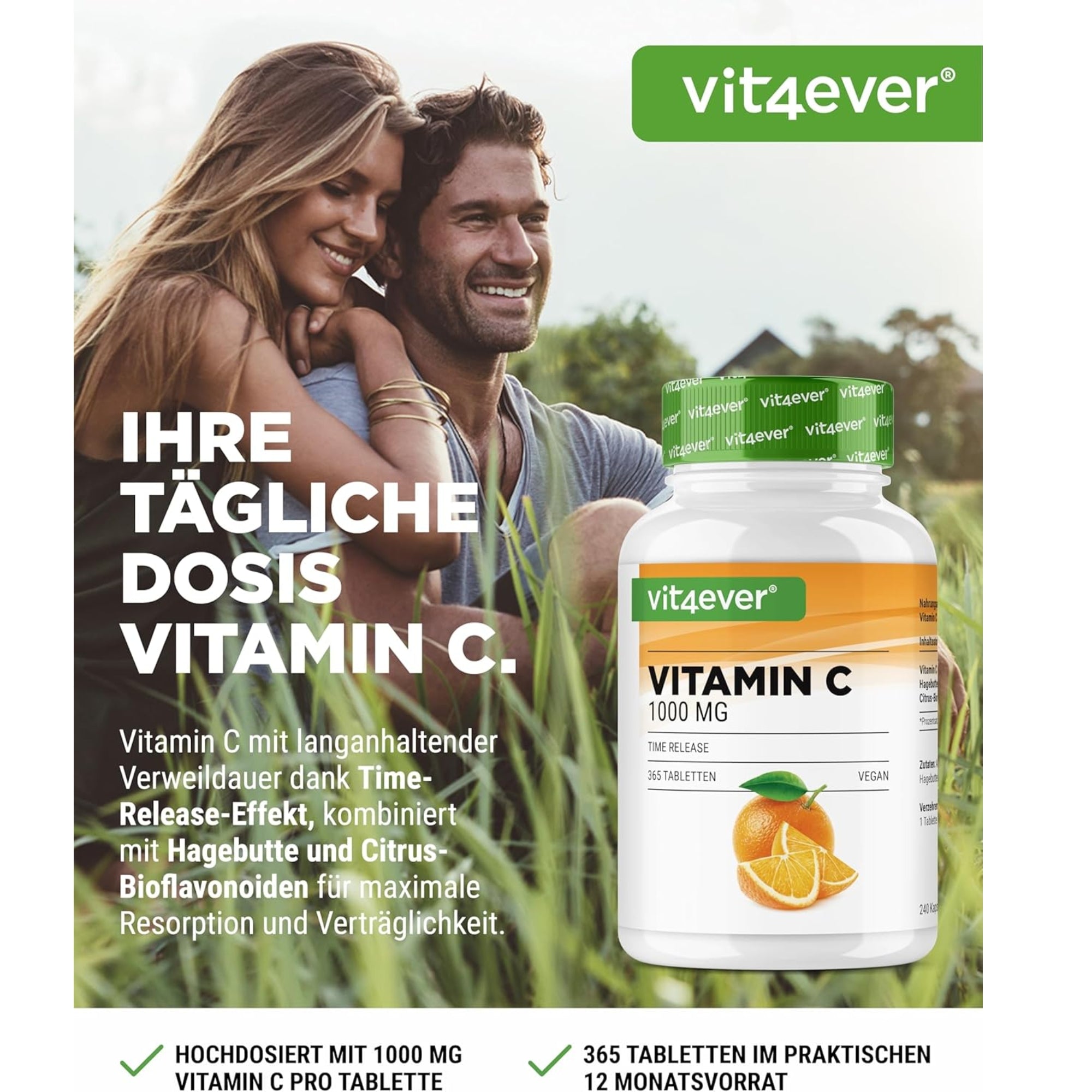 Vitmaine C + Rozenbottelextract + Citrus Bioflavonoïden | 1000mg | 365 Tabletten | Vit4ever