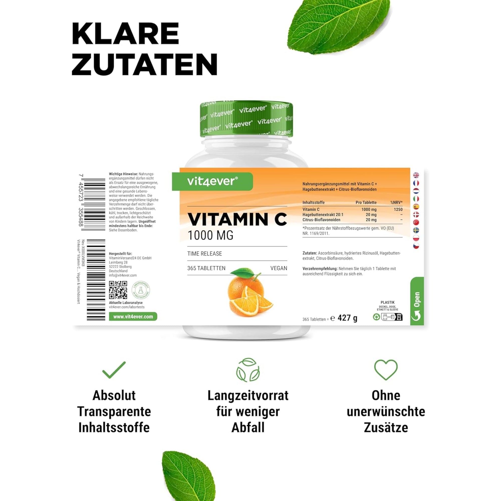 Vitmaine C + Rozenbottelextract + Citrus Bioflavonoïden | 1000mg | 365 Tabletten | Vit4ever