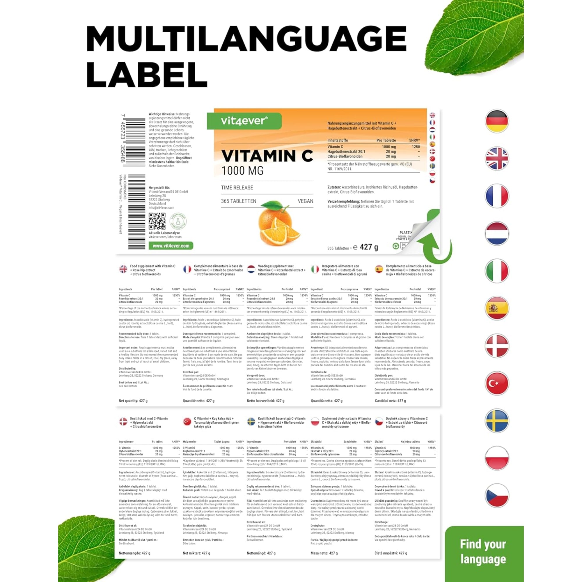 Vitmaine C + Rozenbottelextract + Citrus Bioflavonoïden | 1000mg | 365 Tabletten | Vit4ever