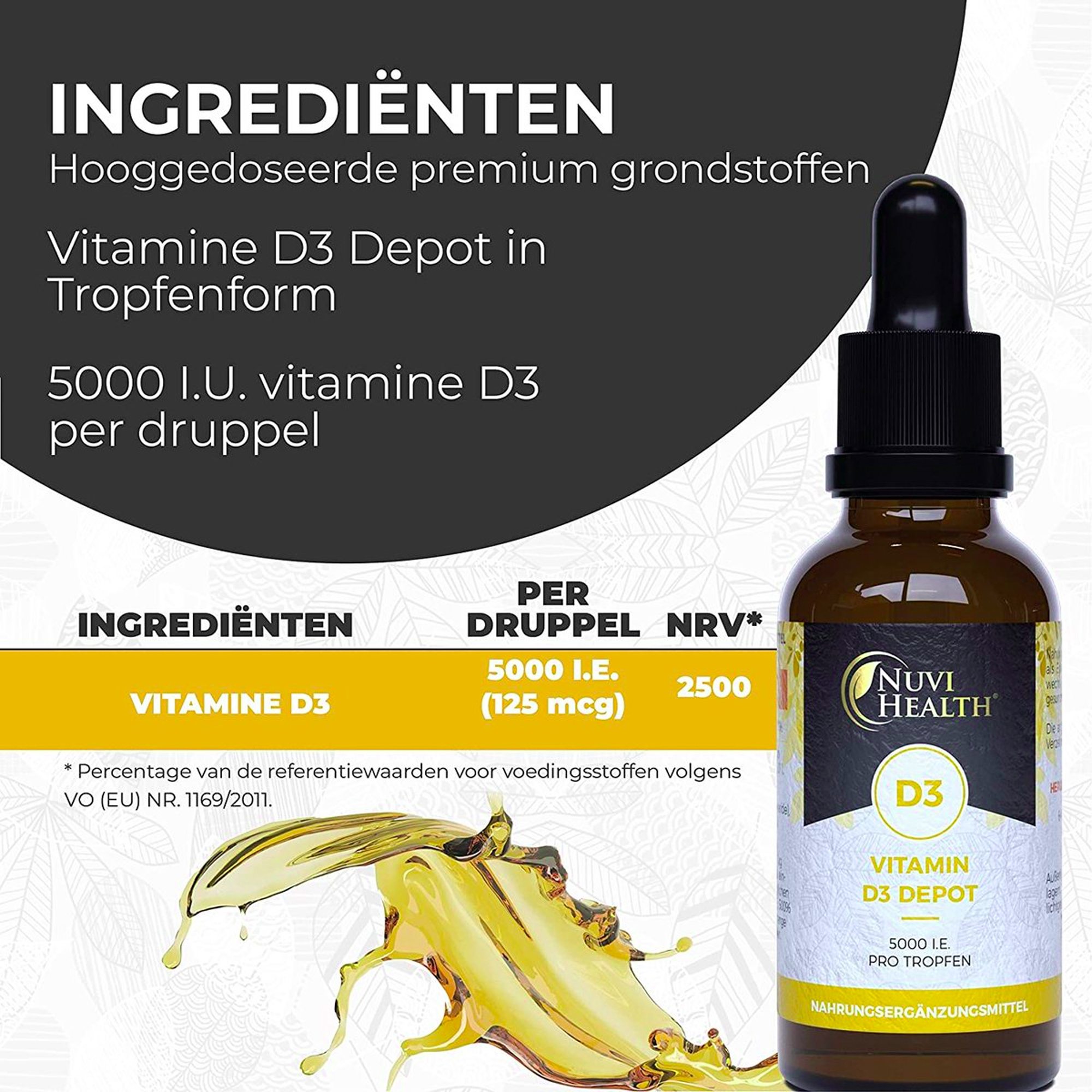 Vitamine D3 5.000 I.U. (125 mcg) druppels | 50 ML = 1850 drupels | MCT-olie uit kokosnoot