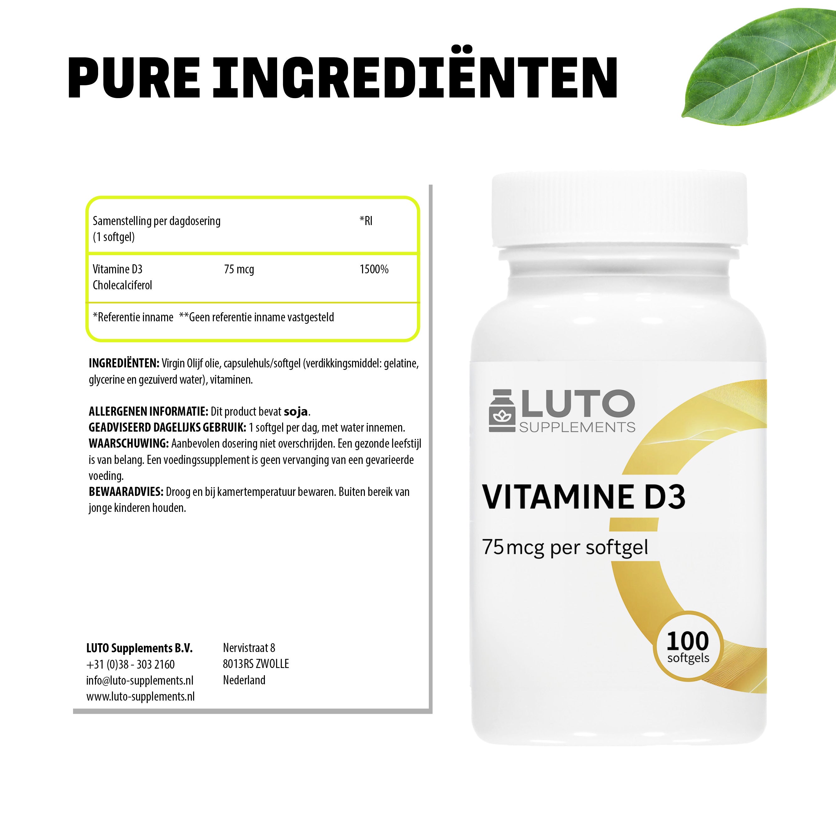 Vitamine D3 (Cholecalciferol) 75mcg (3000 IU) | 100 softgels | LUTO Supplements