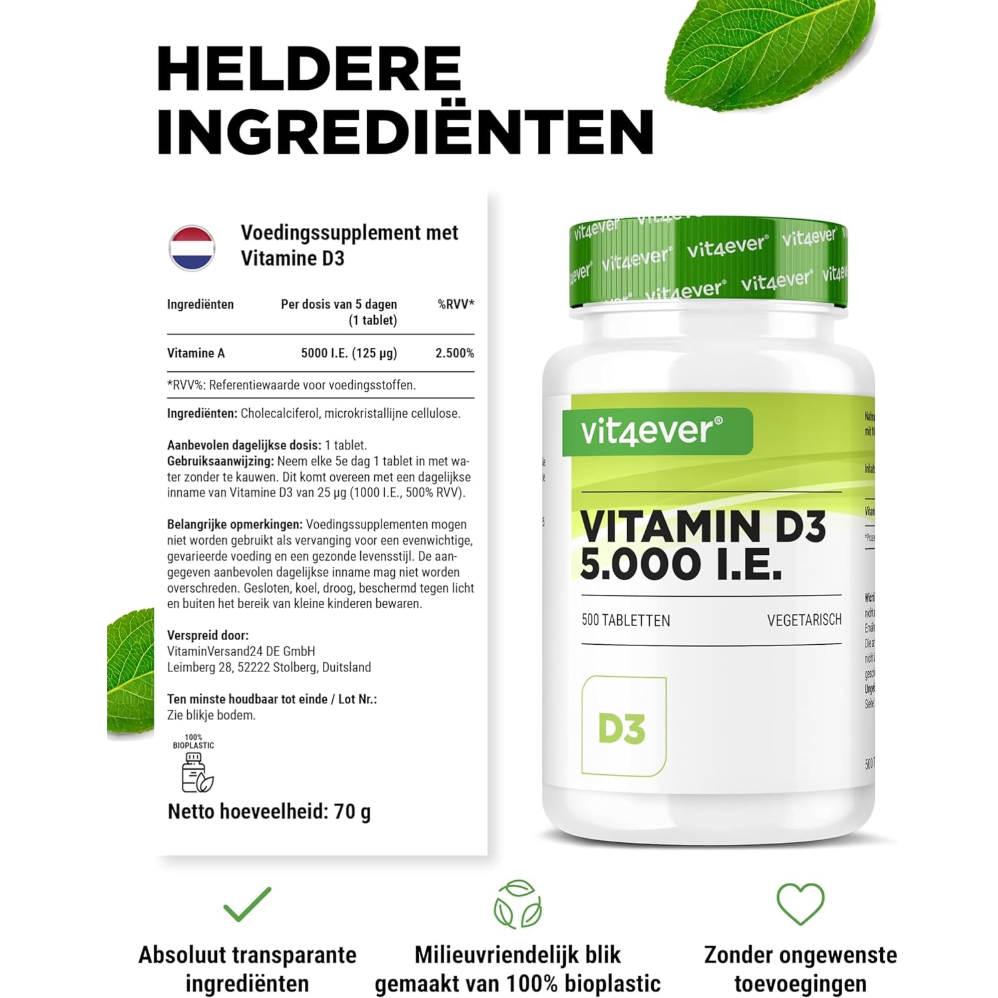 Vitamine D3 5.000IE | 5.000 I.E. | 500 tabletten | vit4ever