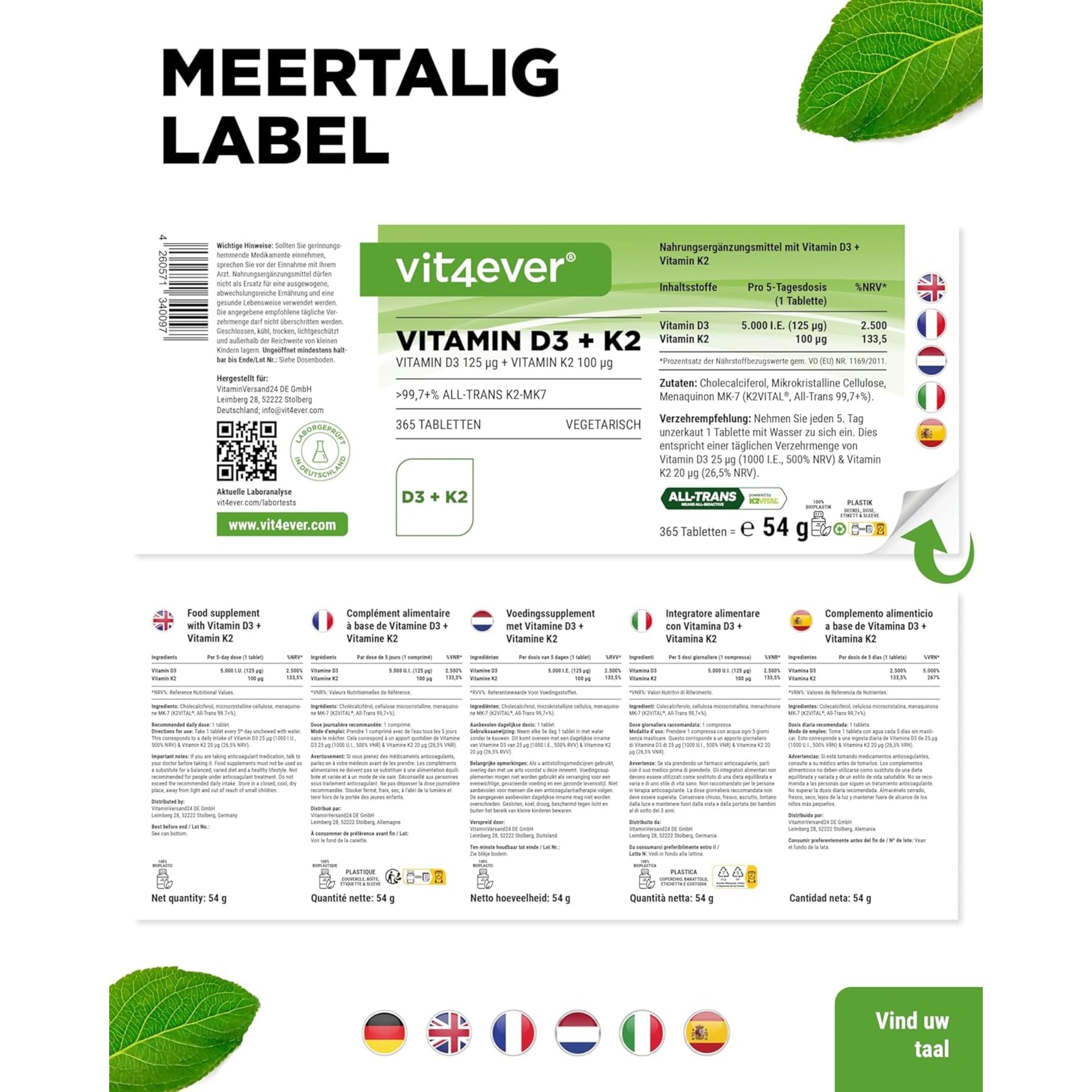 Vitamine D3 5.000 I.E. + K2 100 mcg | Vit4ever