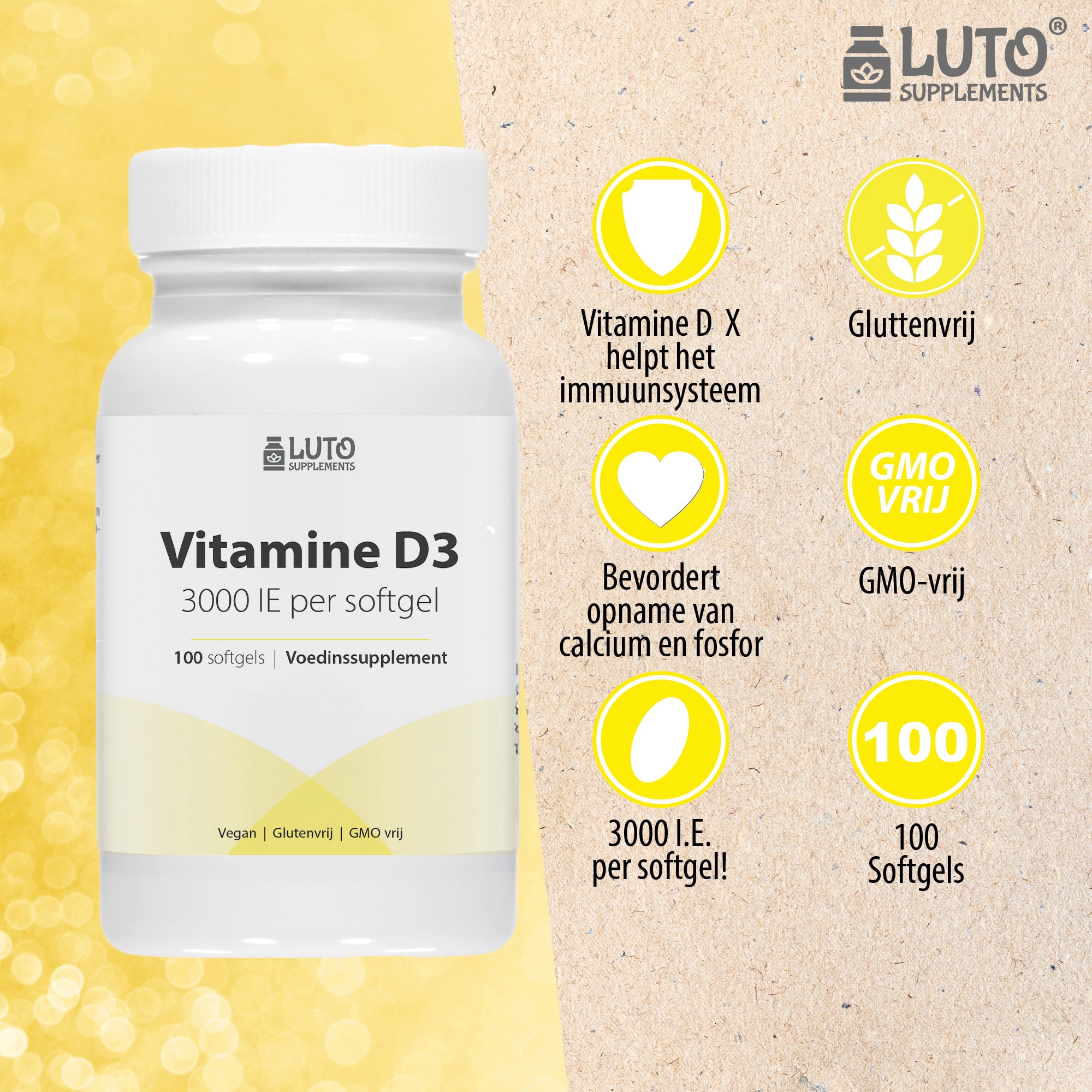 Vitamine D3 - 3000IU / 75 mcg - 100 Softgels - Ondersteunt het immuunsysteem - Luto Supplements