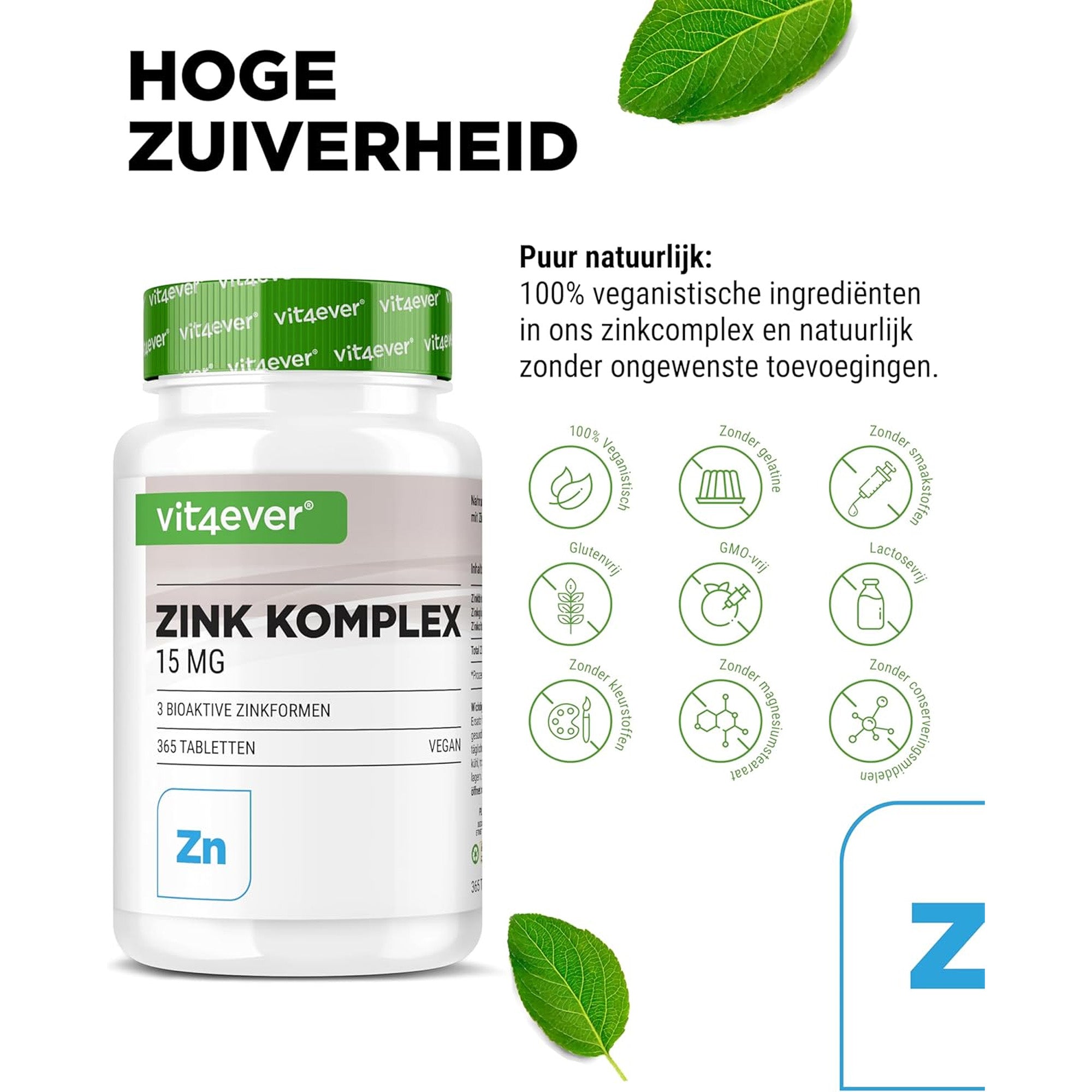 Zink Complex (zinkbisglycinaat, zinkcitraat en zinkgluconaat) | 15mg of 25mg | 365 tabletten | Vit4ever
