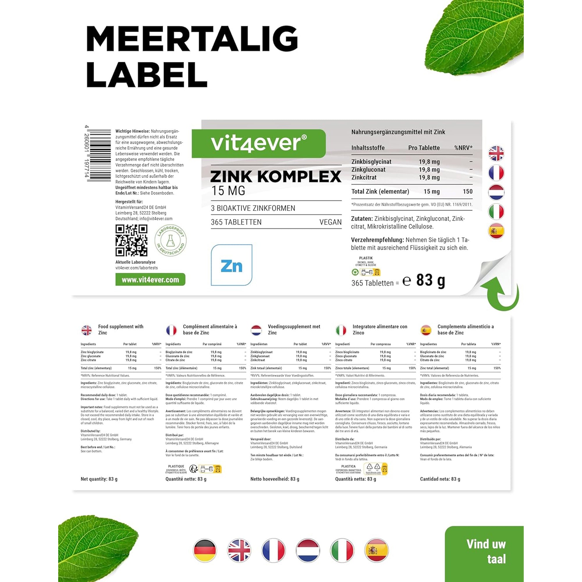 Zink Complex (zinkbisglycinaat, zinkcitraat en zinkgluconaat) | 15mg of 25mg | 365 tabletten | Vit4ever