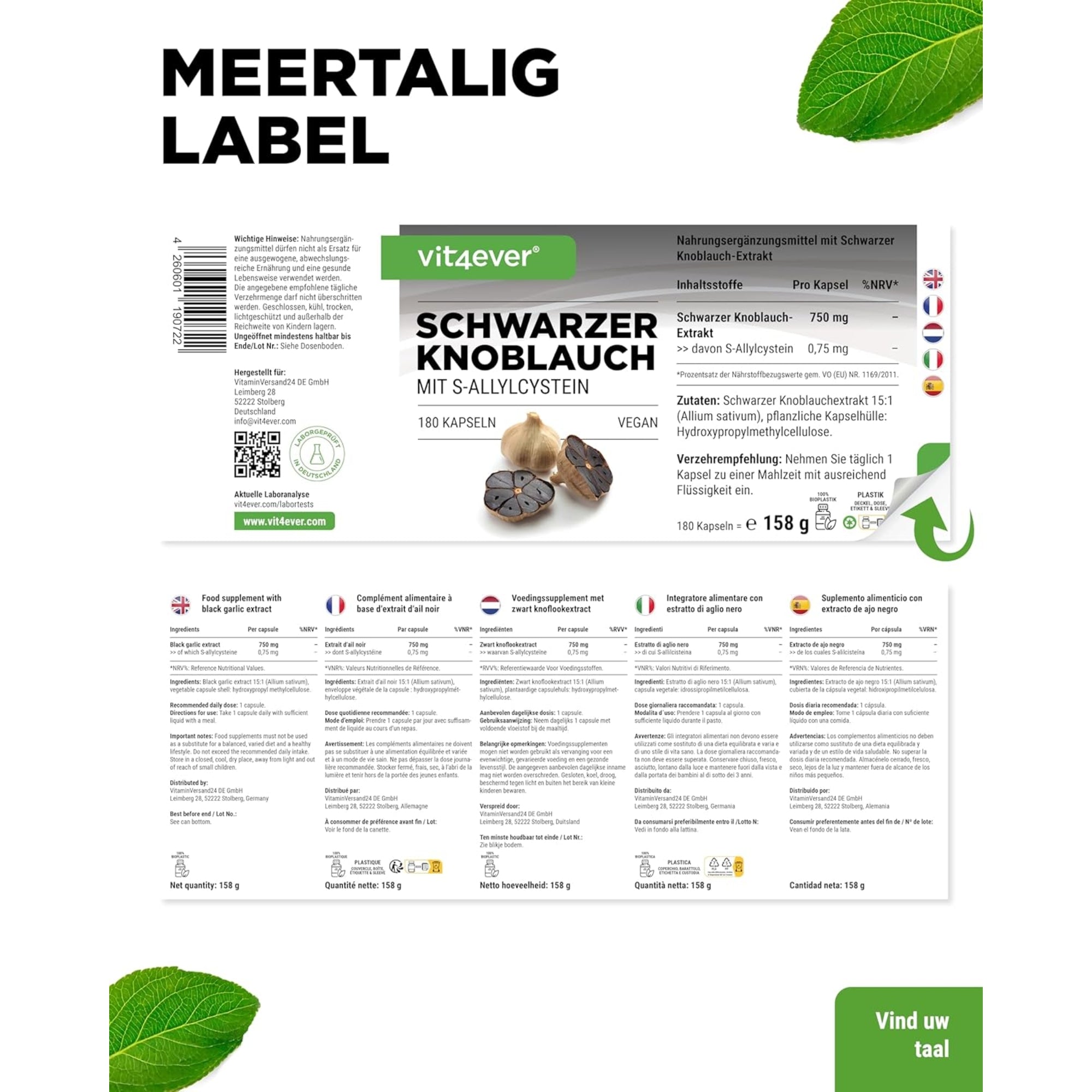 Zwarte knoflook extract met S-allylcyteïne | 180 capsules | Vit4ever