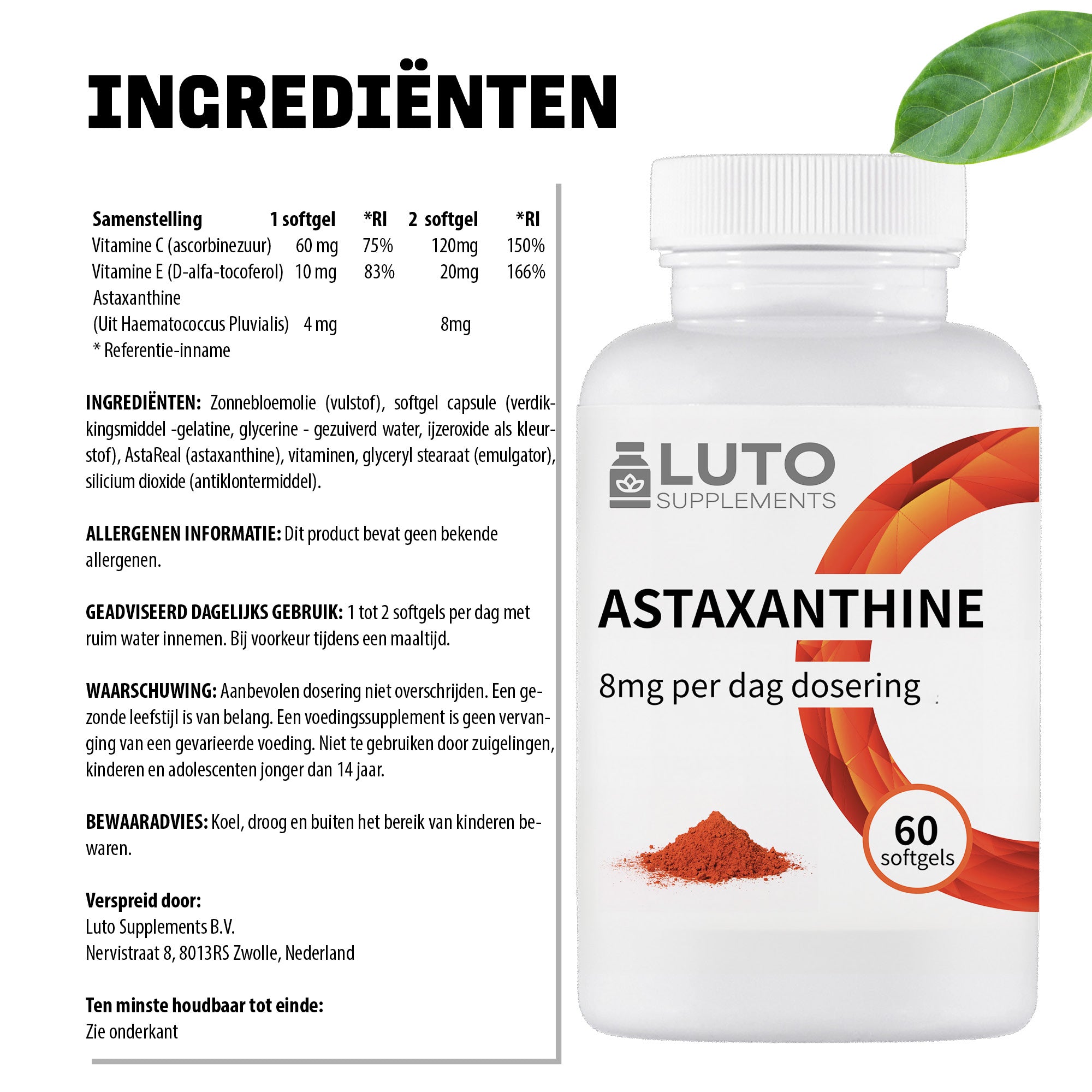 Astaxanthine ingrediënten Luto supplements