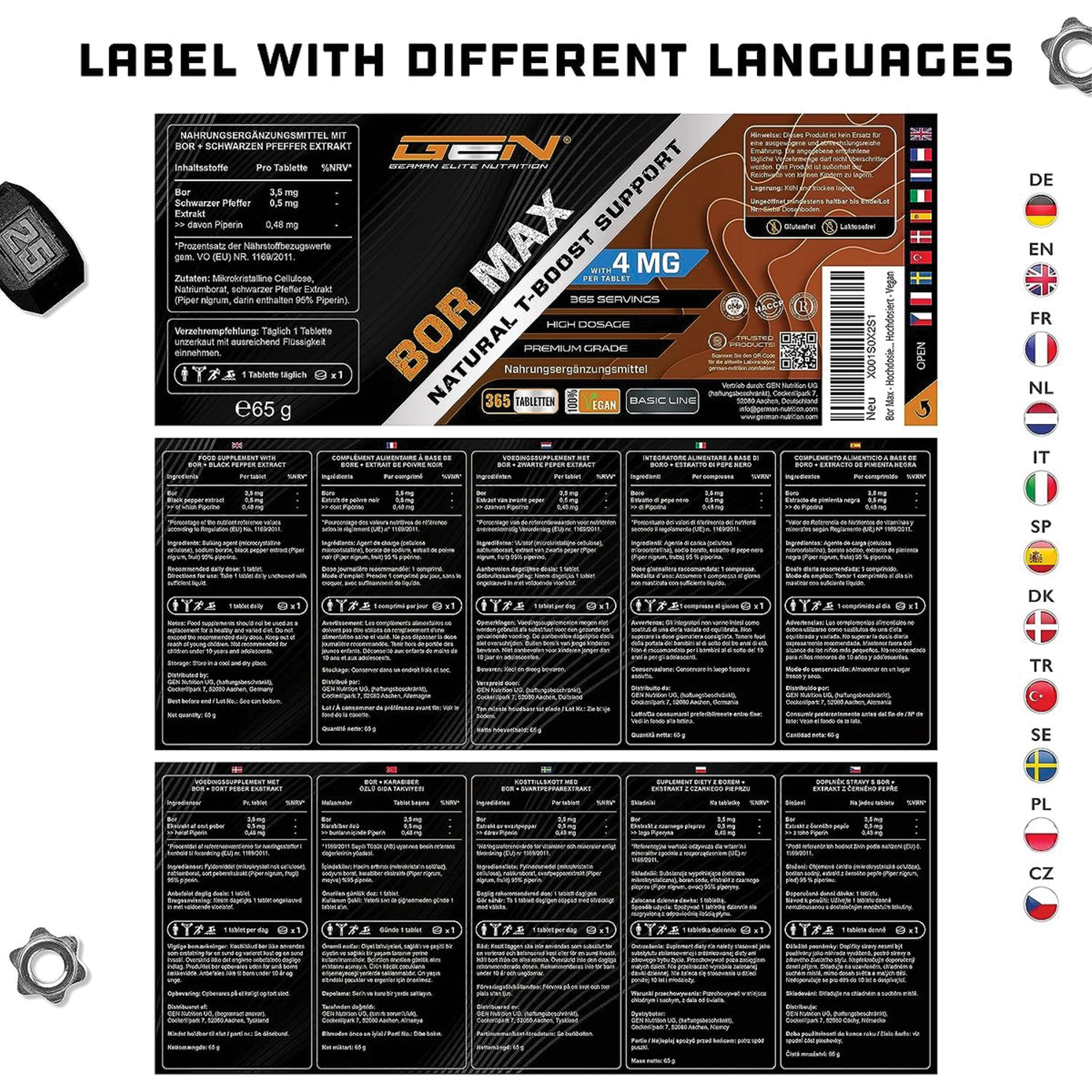 Boron / Borium | Hooggedoseerd met 4 mg pure boron | 365 tabletten in een jaarvoorraad | Veganistisch | German Elite Nutrition