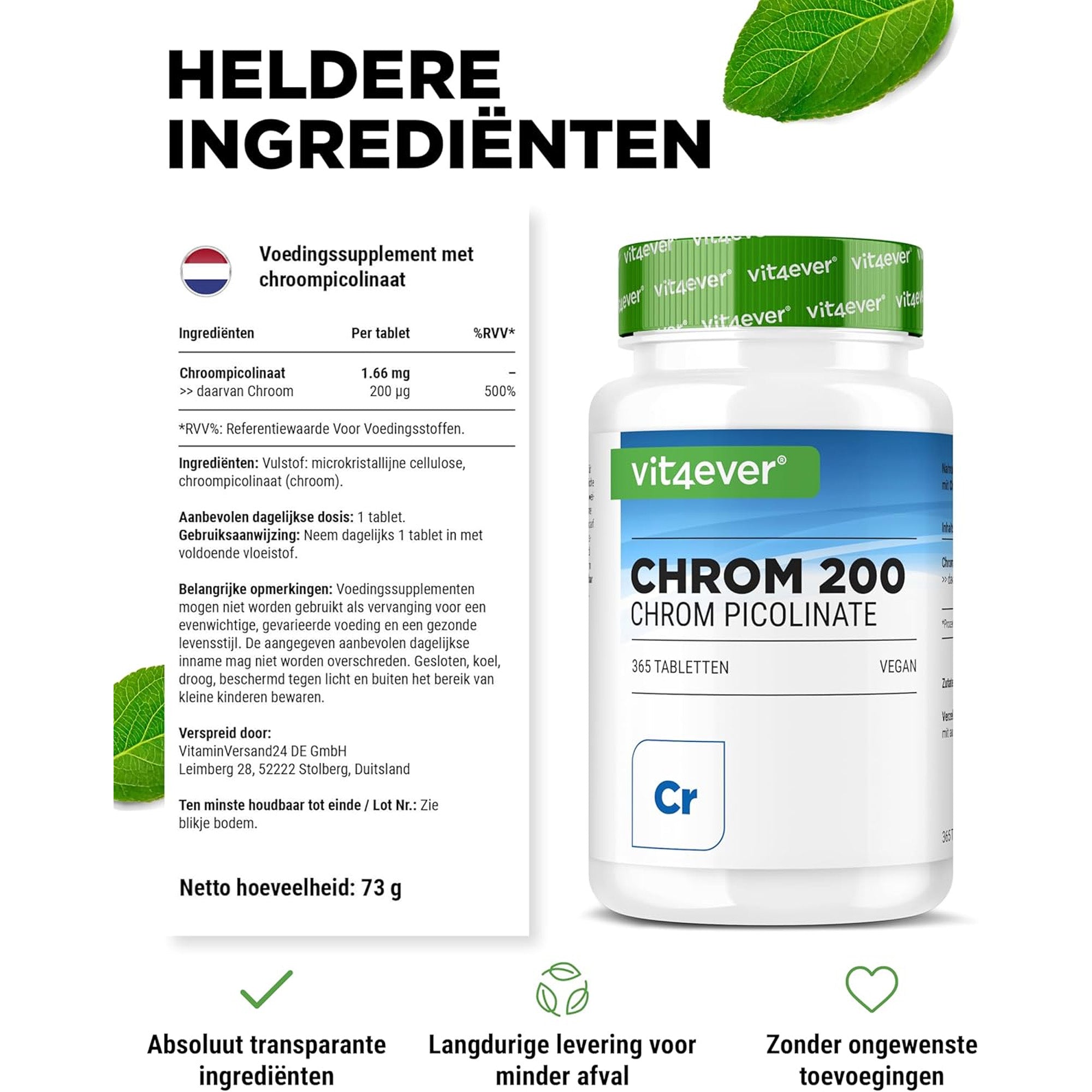 Chroom Picolinaat | 200µg of 500µg | 365 tabletten | Vit4ever