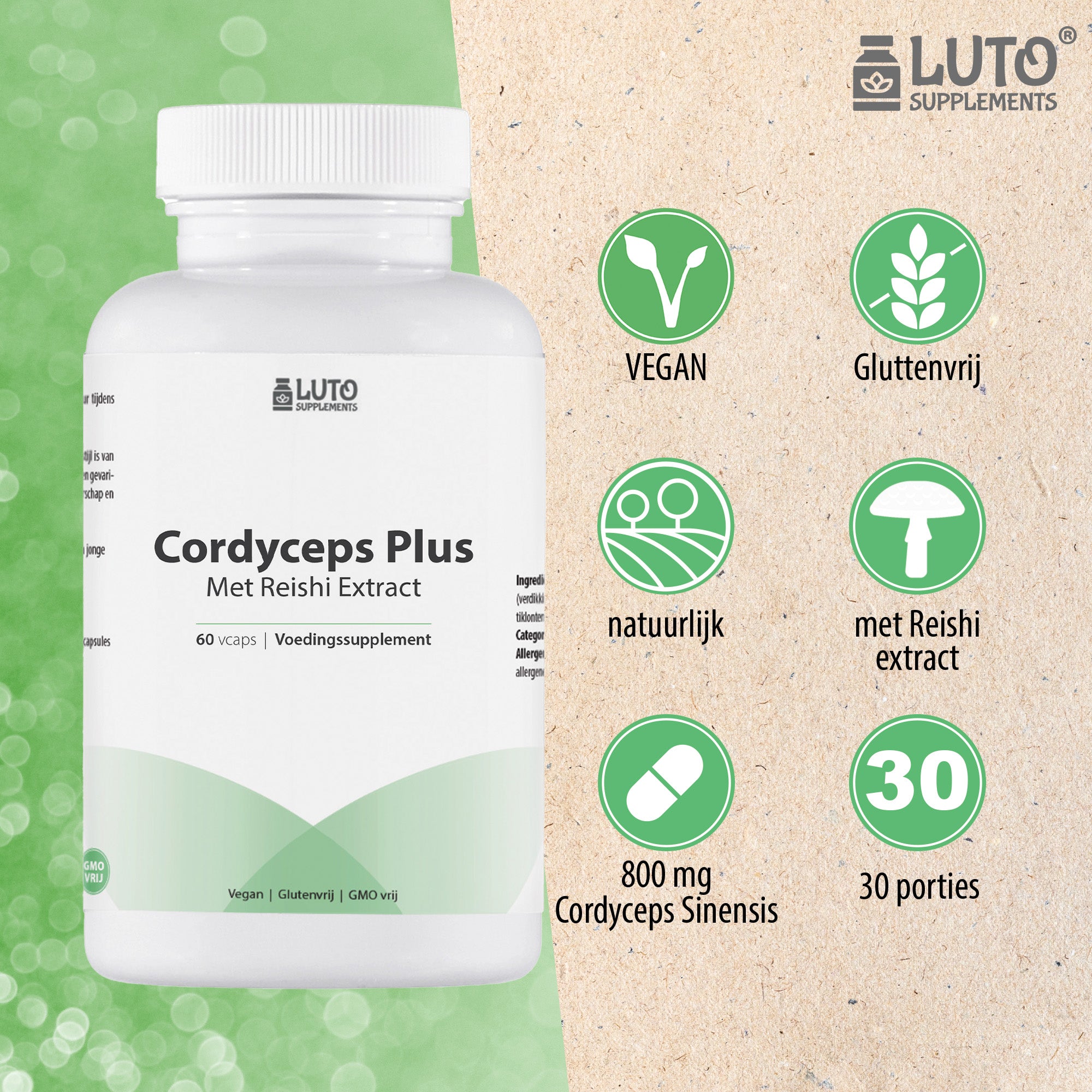 Cordyceps Sinensis Plus | Met Reishi & Silicium Extract | Paddenstoelen extract | 60 Vegetarische capsules | LUTO Supplements