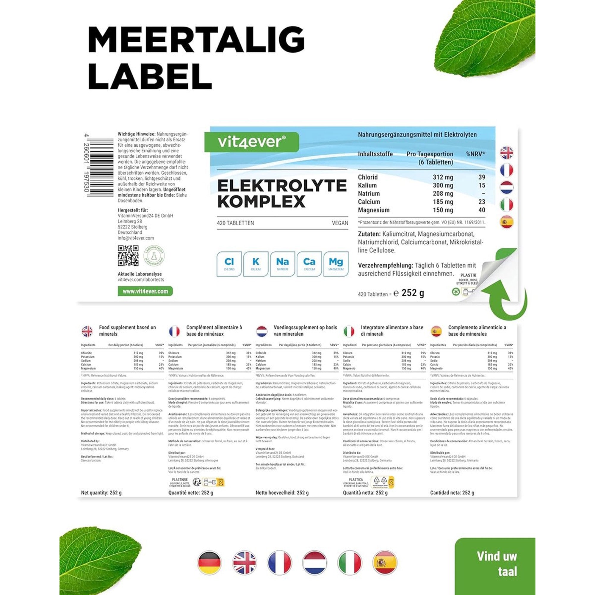 Meertalig label Vit4ever elektrolytencomplex - 420 tabletten