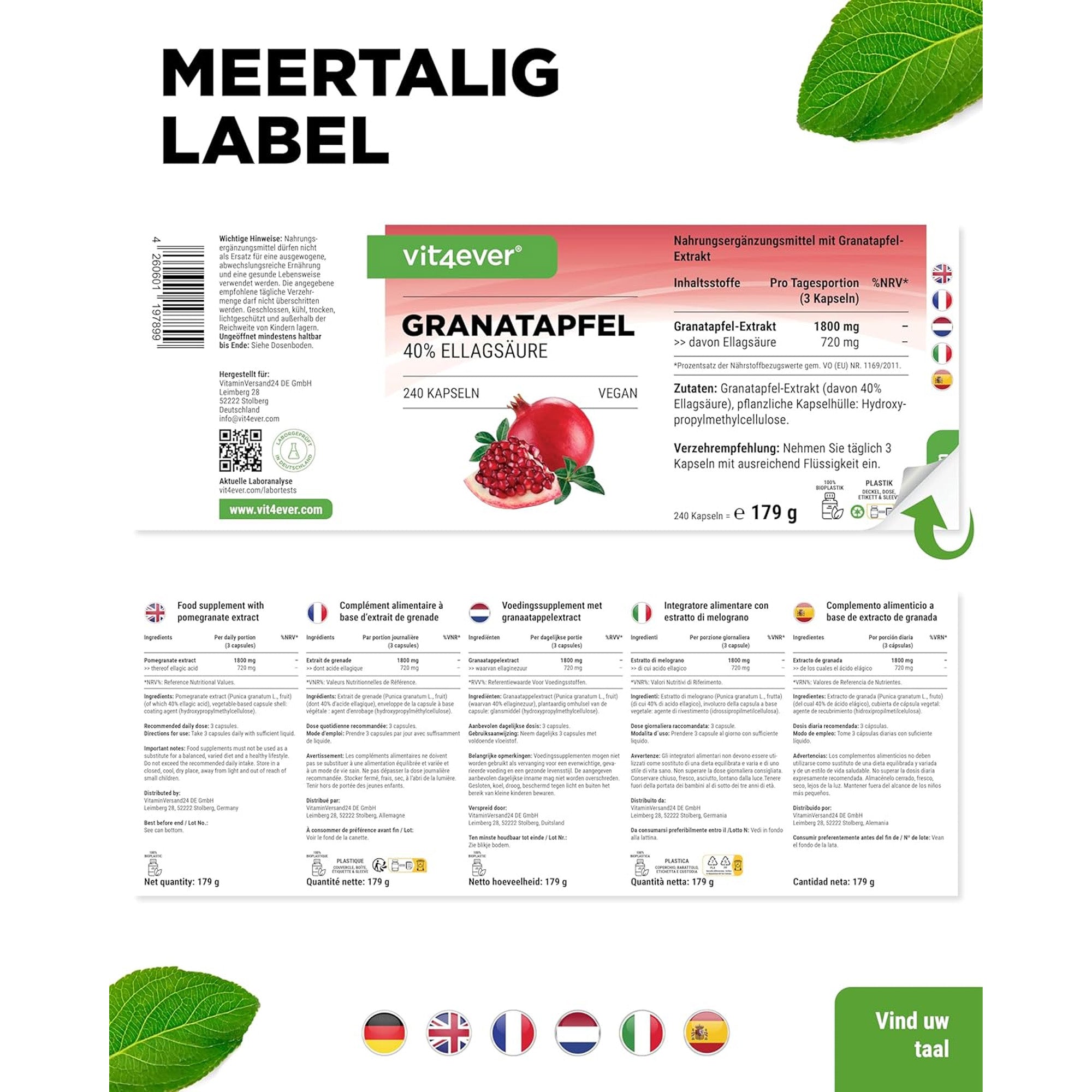 Granaatappelextract (40% Ellaginezuur) 600mg | 240 capsules | Vit4ever