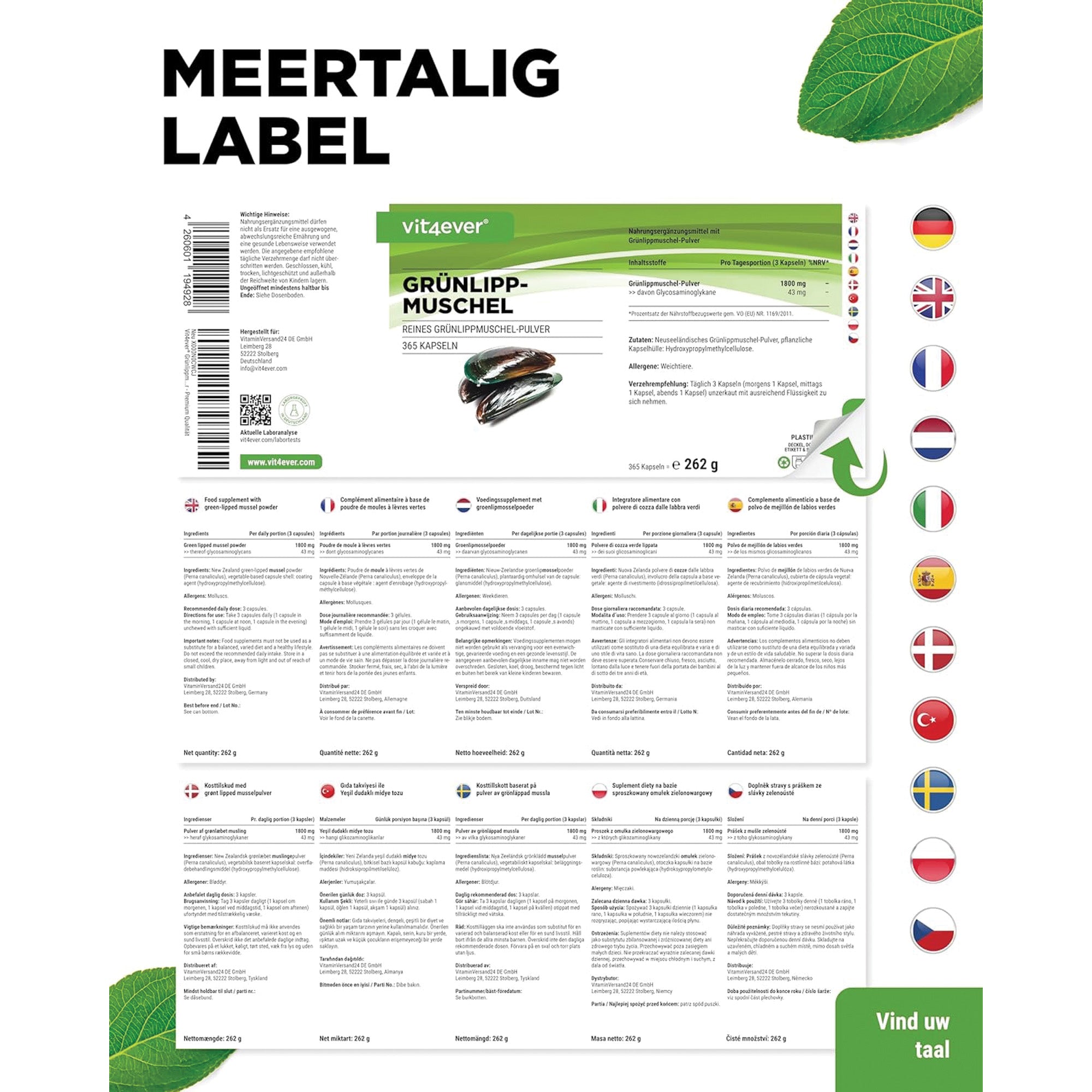 Groenlipmossel 600mg | 365 capsules | Vit4ever