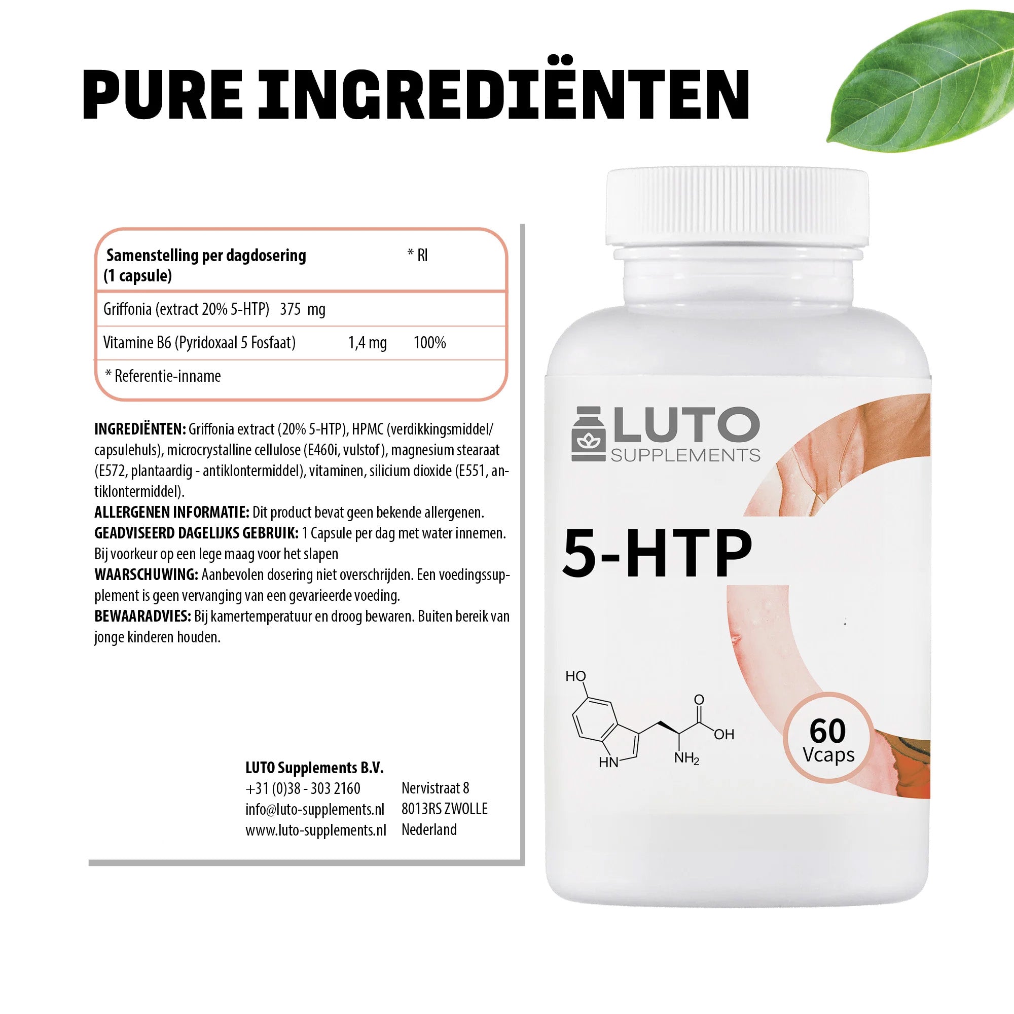 5-HTP 375mg + Vitamine B6 | 60 capsules | LUTO Supplements