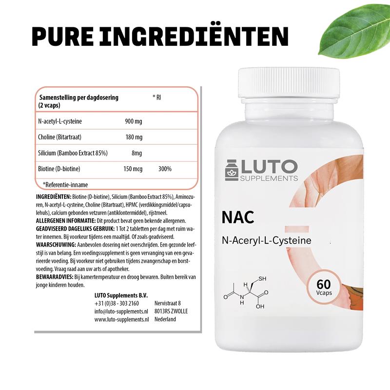 NAC (N-Acetyl-L-Cysteïne) complex met Choline, Silicium & Biotine | 60 vegan capsules | LUTO Supplements