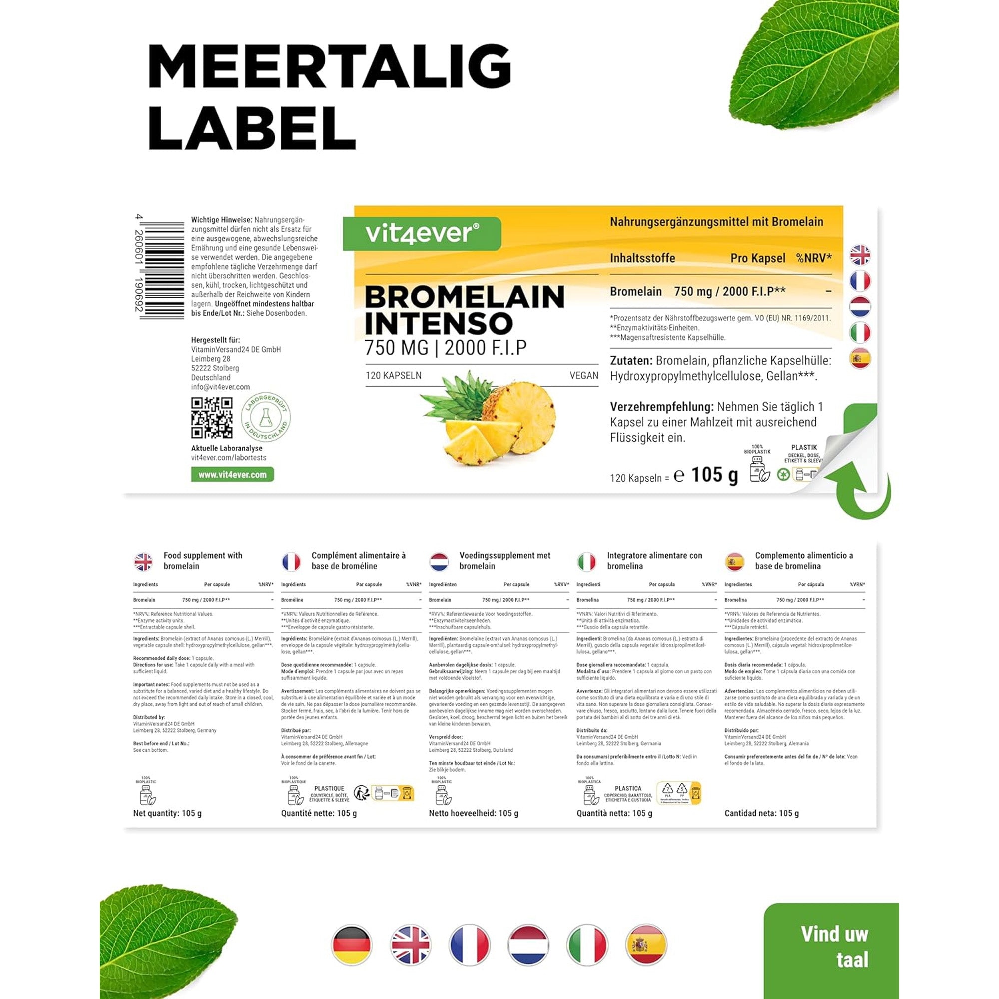Bromelaïne 2.000 FIP | 120 capsules | Vit4ever