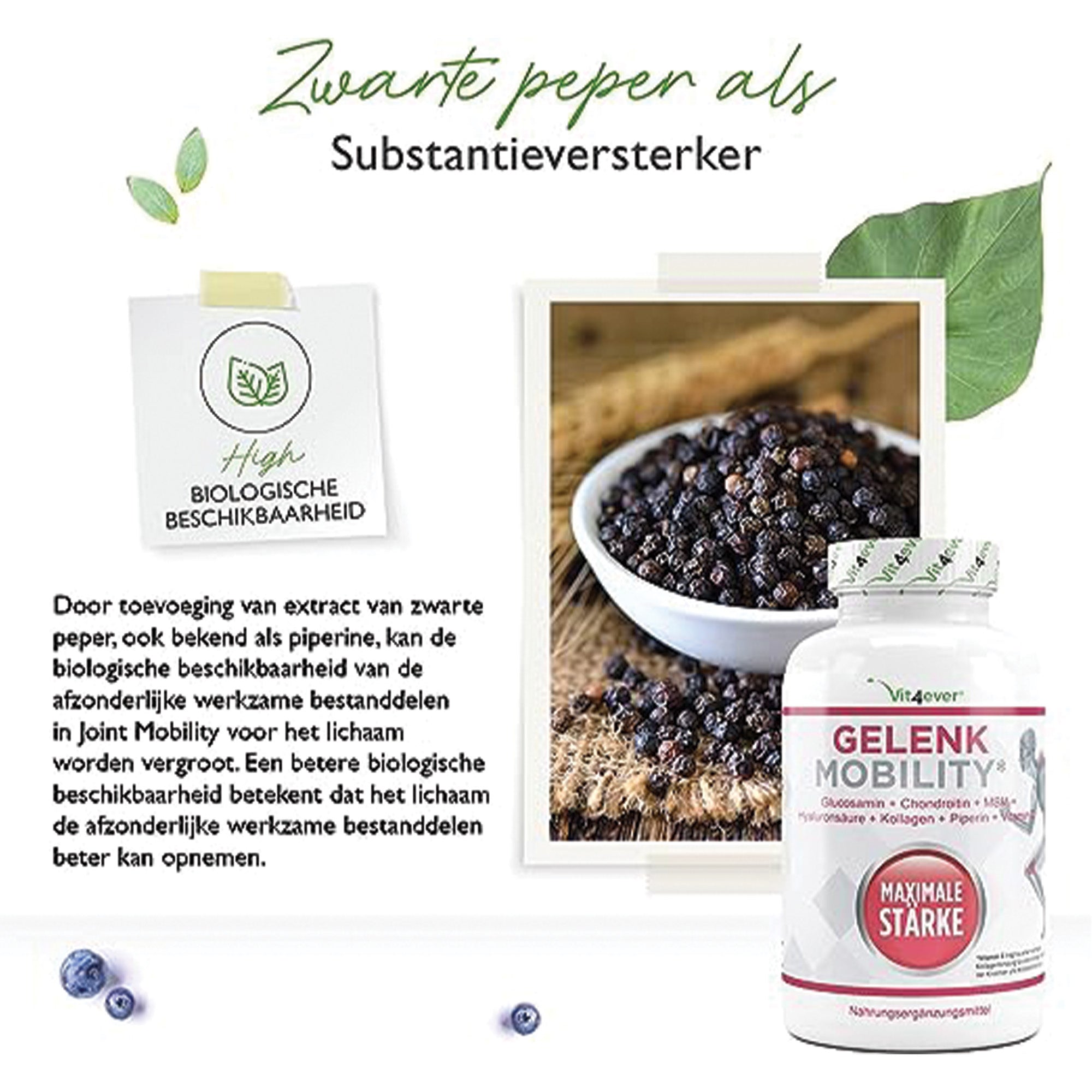 Gewricht Mobiliteit Tabletten | Hoog gedoseerd met 7 actieve ingrediënten: Glucosamine + Chondrotin + MSM + Hyaluronzuur + Collageen + Vitamine C + Zwarte Peper Extract | 120 Capsules | Vit4ever