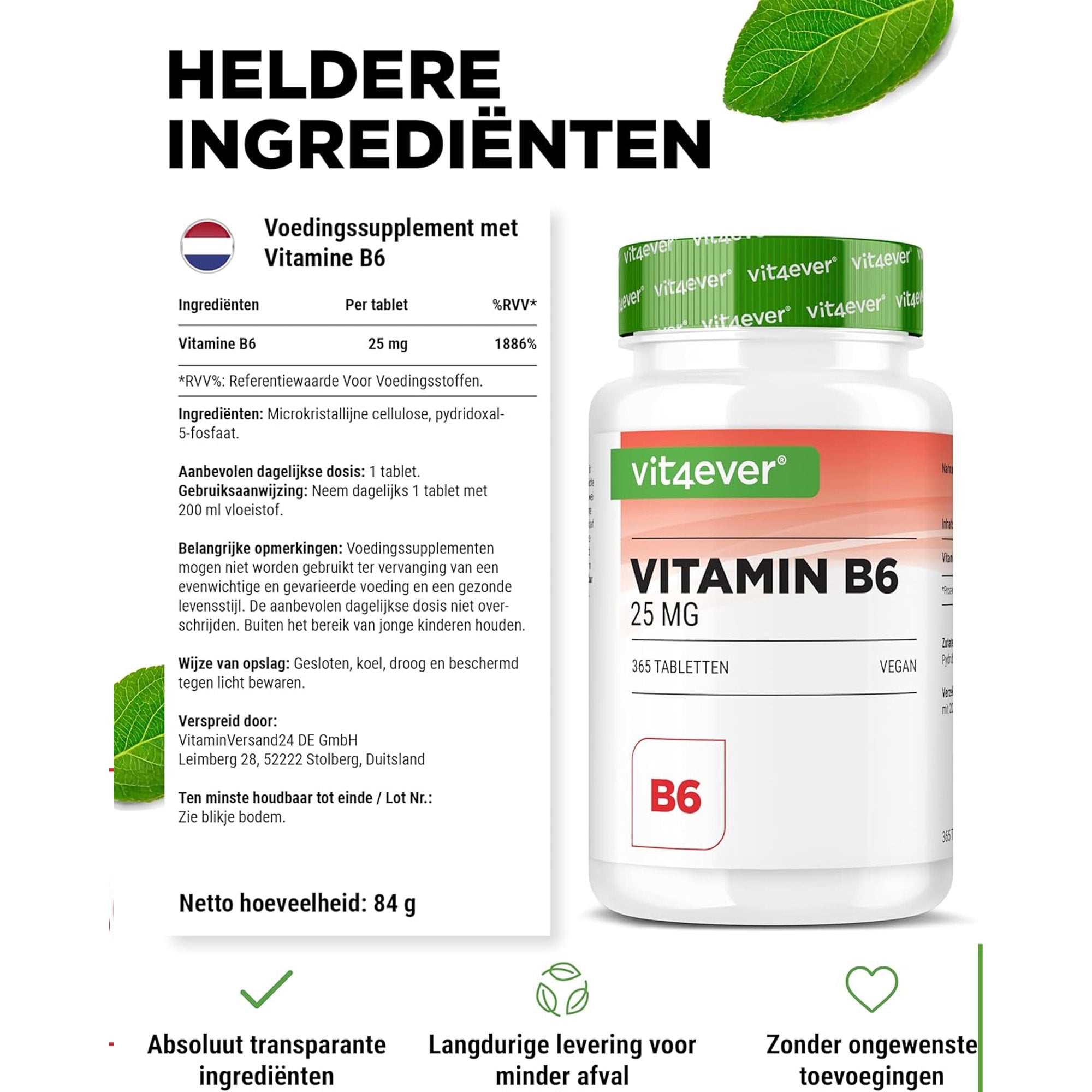 Vitamine B6 25mg | 365 tabletten | Vit4ever