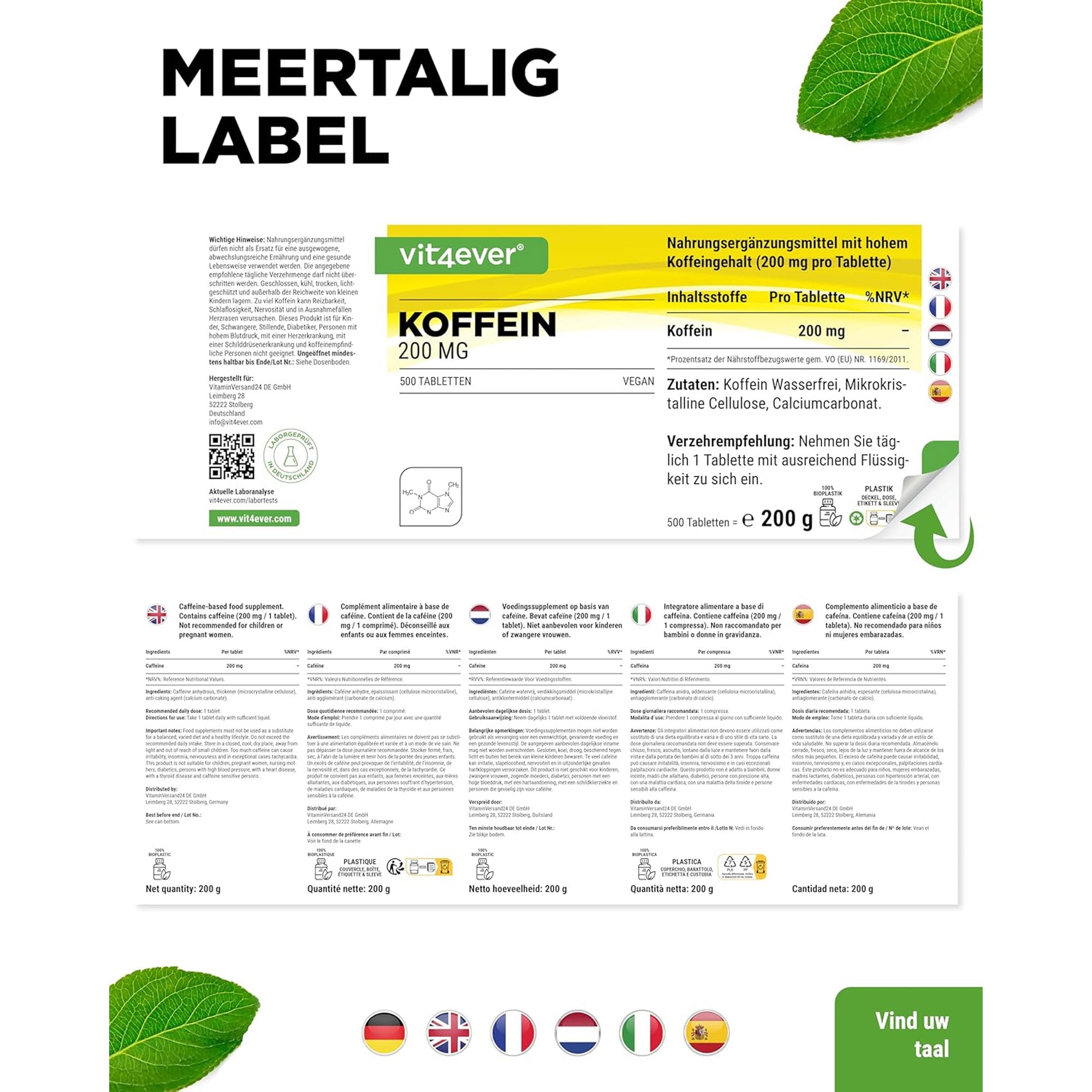 Cafeïnetabletten 200 mg | 500 tabletten | Vit4ever